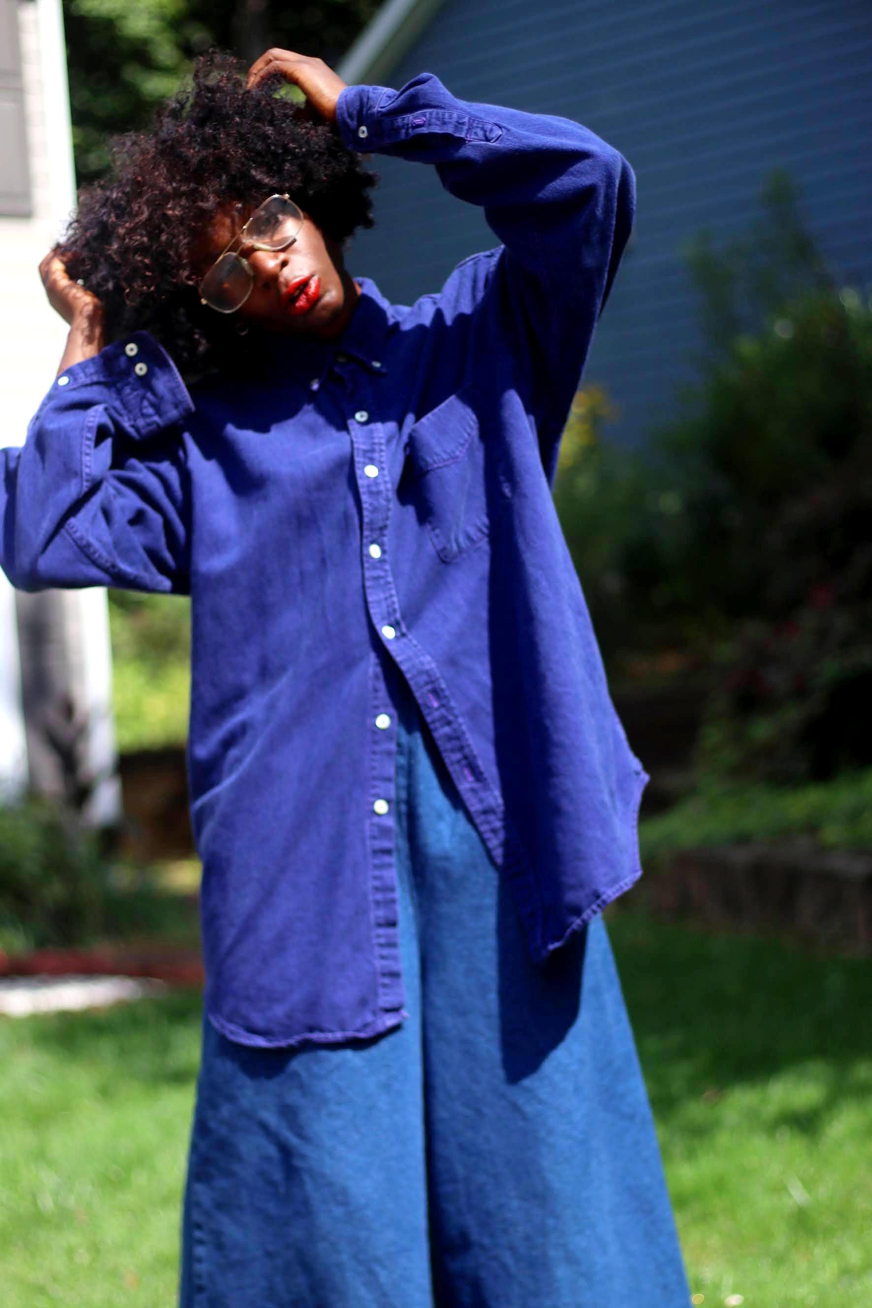 90s World Island Denim Shirt Vintage Blue Buttoned down Unisex Shirt Fashion and Fables