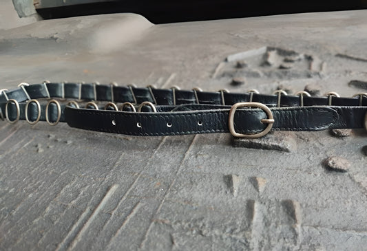 Vintage Black Skinny Belt| Y2K leather belt with statement details