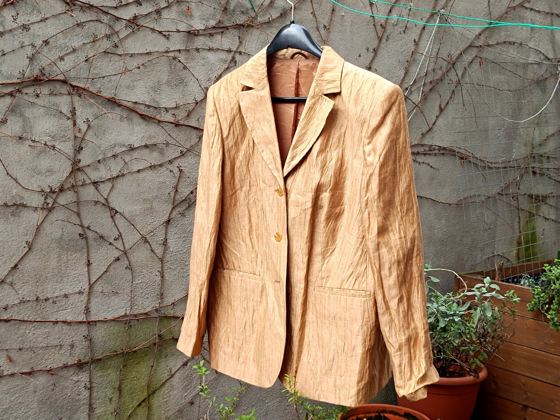 y2k Gold-Coloured Blazer| Vintage Oversized Women's Blazer| Minimalist Linen Blend Jacket