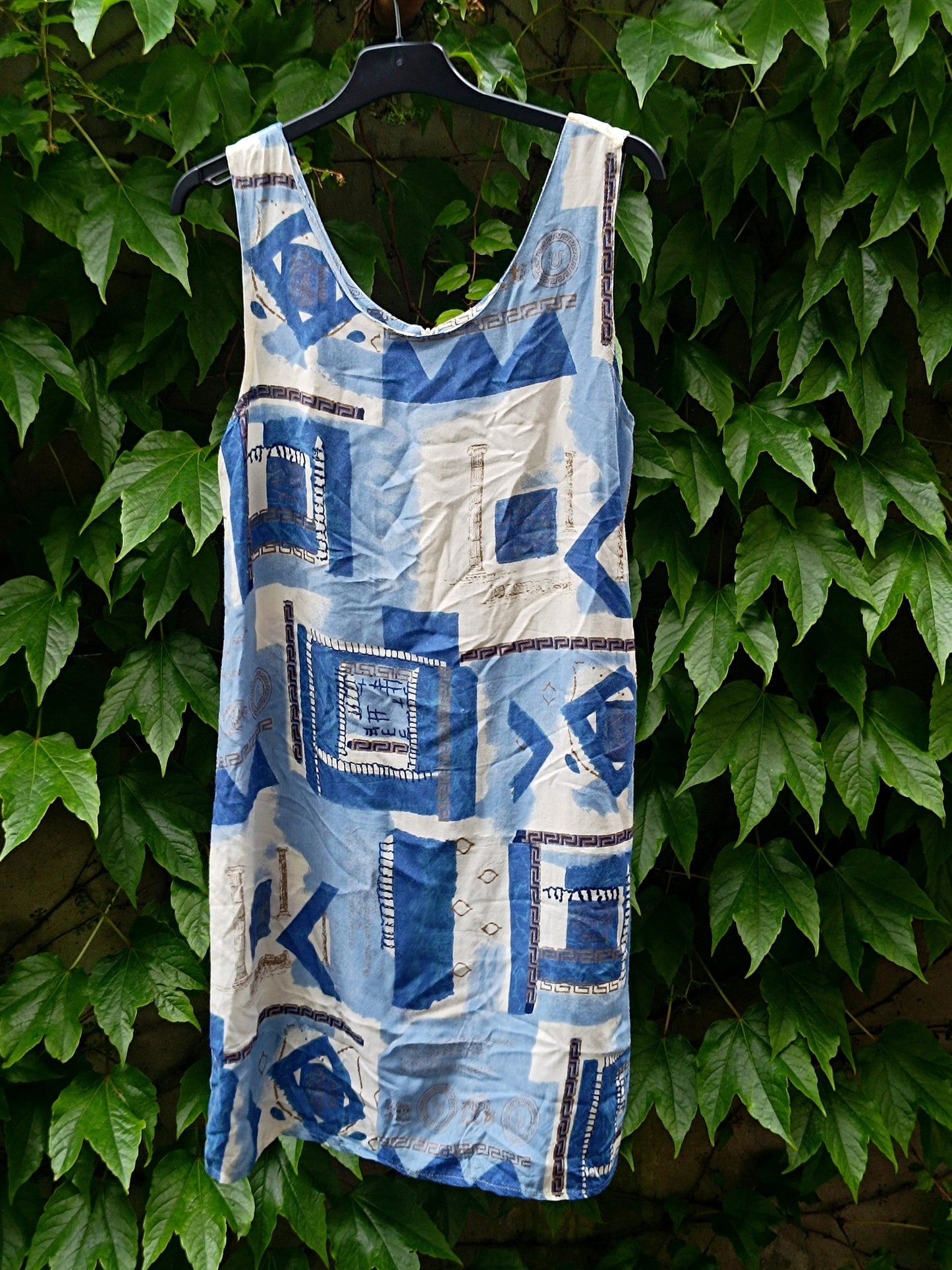 90s Crazy Print Dress| Women's Vintage Sleeveless Summer Dress| Maximalist Quirky Blue and White Dress