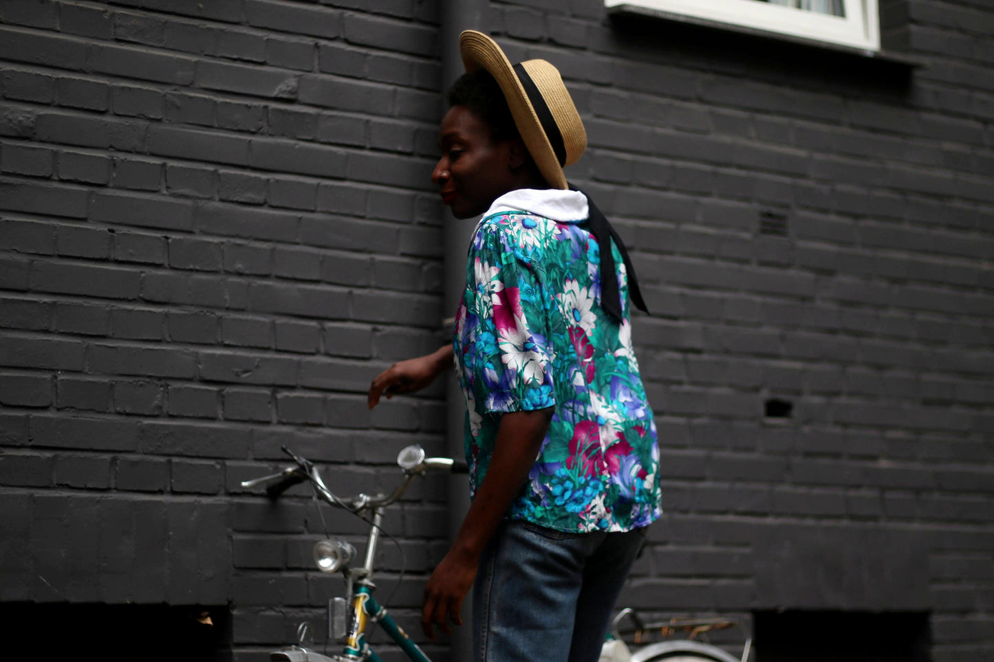 80s Via Milano Blouse| Vintage Blue Floral Shirt| Women's Blouse with Statement Collar| Maximalist Short-Sleeved Shirt