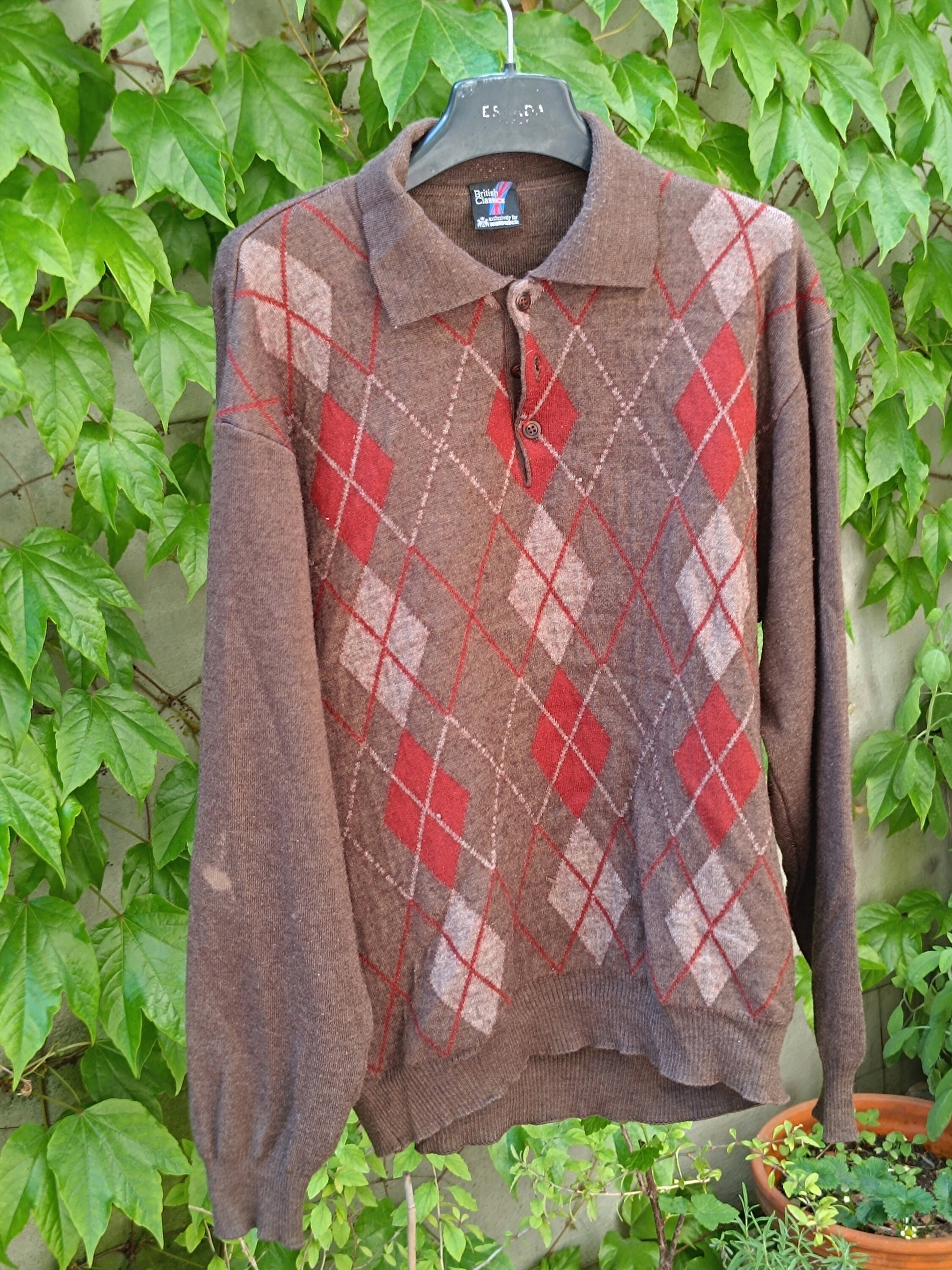 90s Argyle Print Sweater| Vintage Wool Blend Unisex Long Sleeved Knit| Preppy Chic Brown Jumper