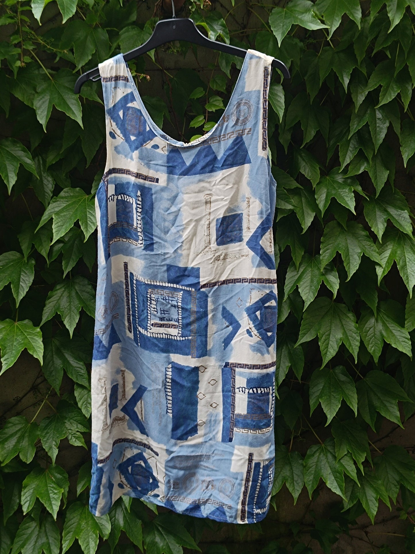 90s Crazy Print Dress| Women's Vintage Sleeveless Summer Dress| Maximalist Quirky Blue and White Dress