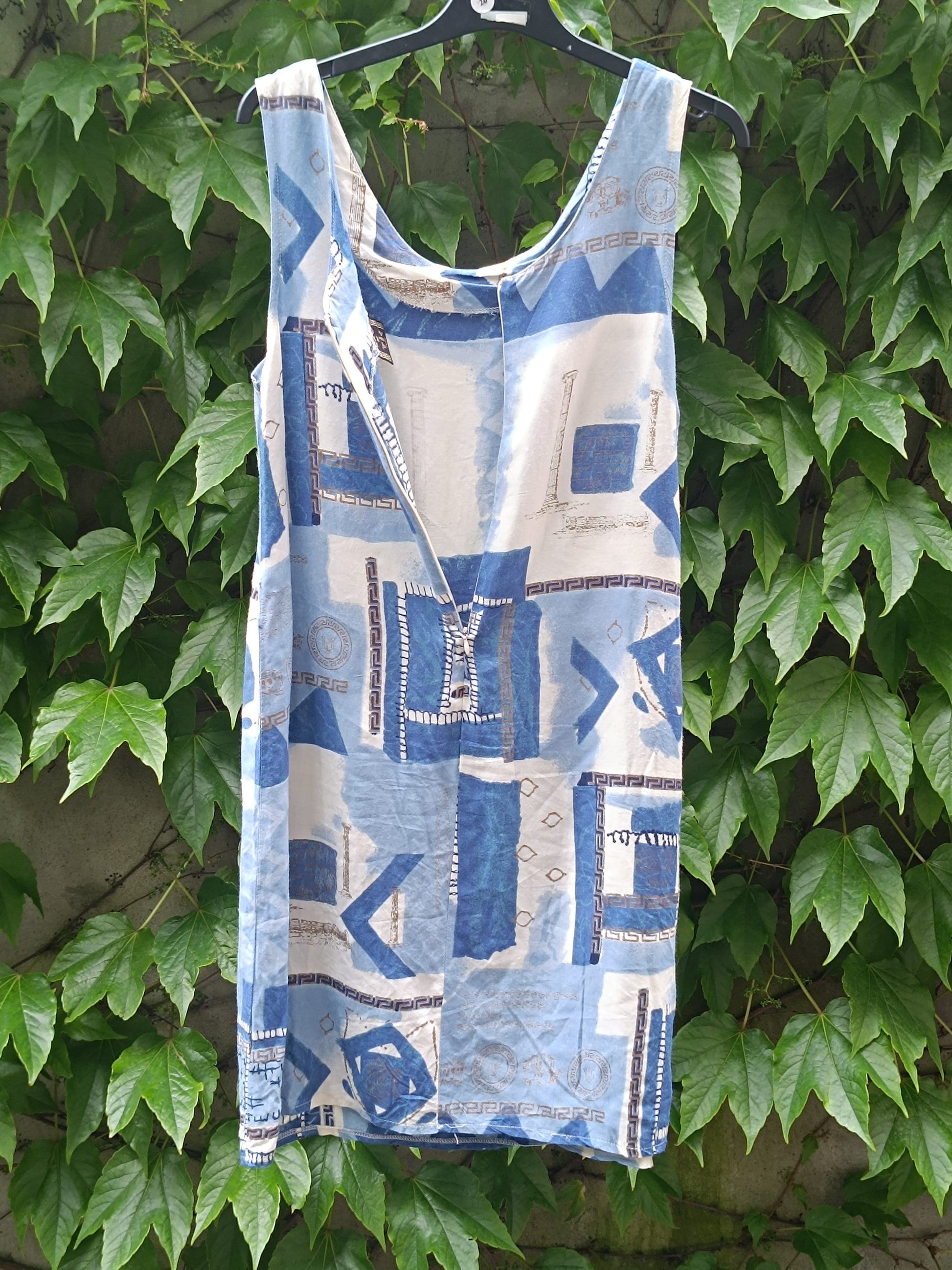 90s Crazy Print Dress| Women's Vintage Sleeveless Summer Dress| Maximalist Quirky Blue and White Dress