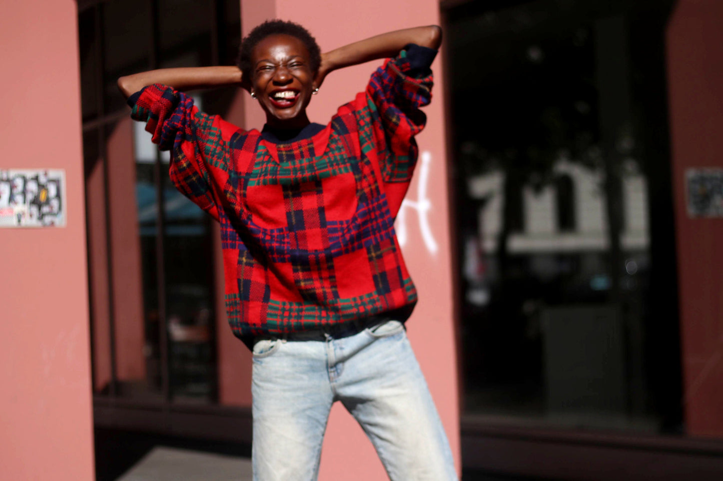 90s Aldo Colitti Sweatshirt| Vintage Red and Black Crewneck Jumper| Minimalist Plaid Long Sleeved Knit