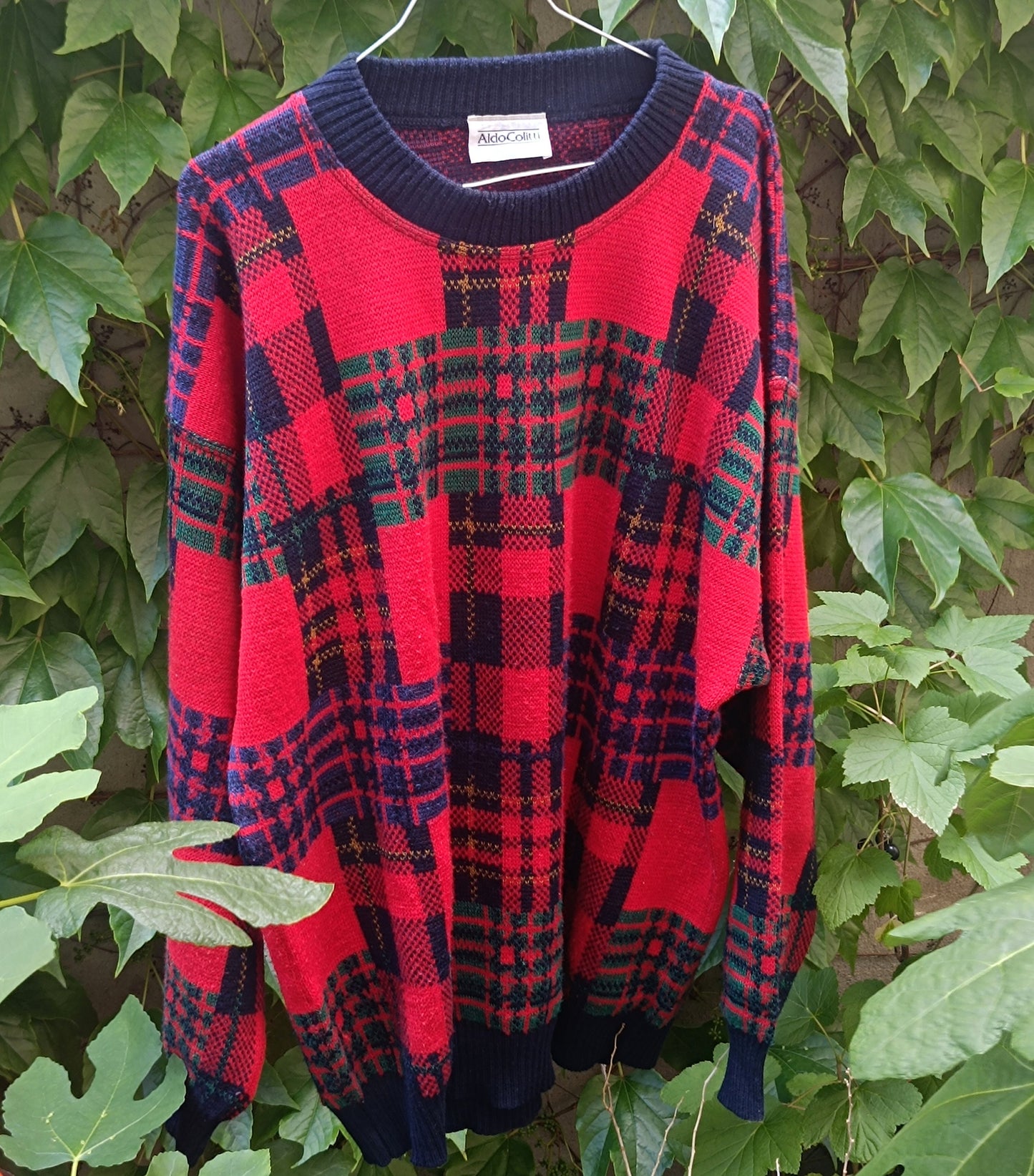 90s Aldo Colitti Sweatshirt| Vintage Red and Black Crewneck Jumper| Minimalist Plaid Long Sleeved Knit