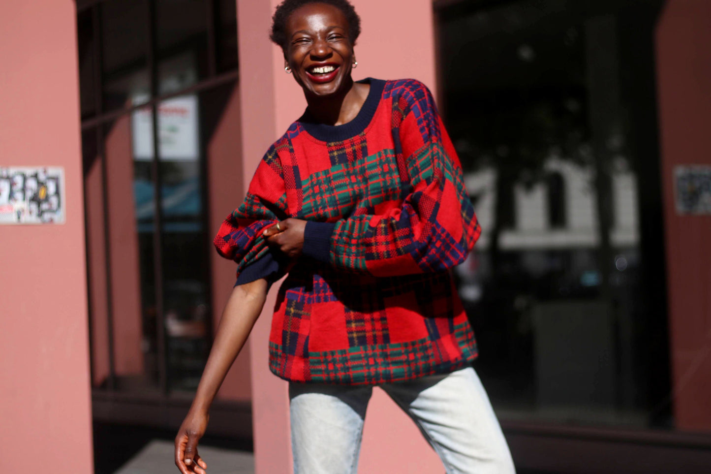 90s Aldo Colitti Sweatshirt| Vintage Red and Black Crewneck Jumper| Minimalist Plaid Long Sleeved Knit