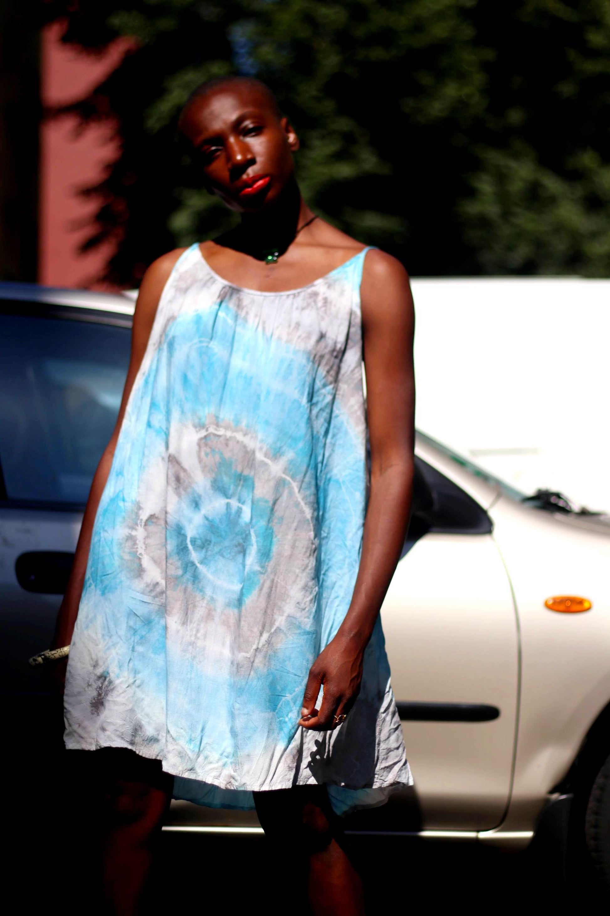 90s Tie Dye Dress| Vintage Blue Summer Dress| Women's Knee Length Boho Dress| Hippy Statement Back Design