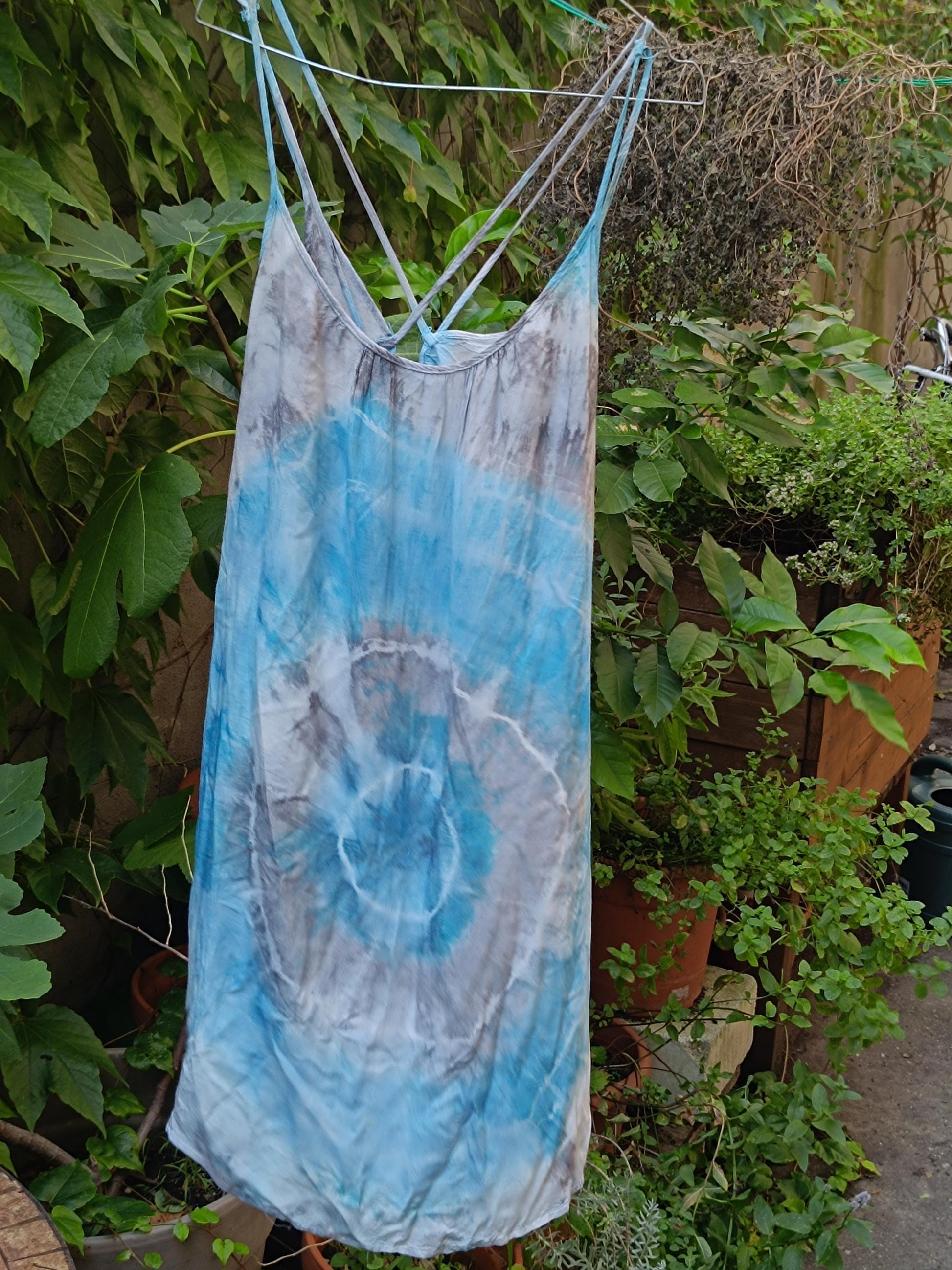 90s Tie Dye Dress| Vintage Blue Summer Dress| Women's Knee Length Boho Dress| Hippy Statement Back Design