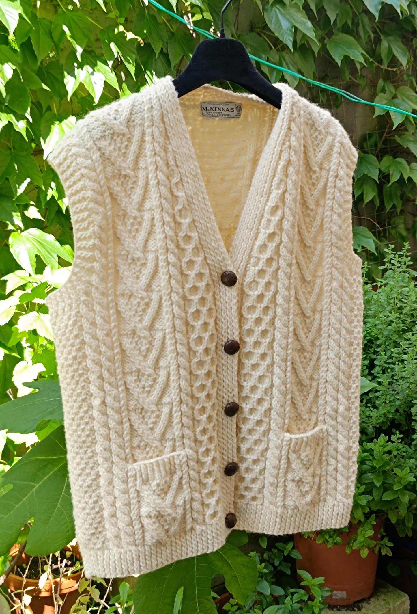 80s McKennas Vest| Minimalist Aran Knit | Handmade Vintage Sleeveless Cardigan| Cream Winter Knit Made in Ireland