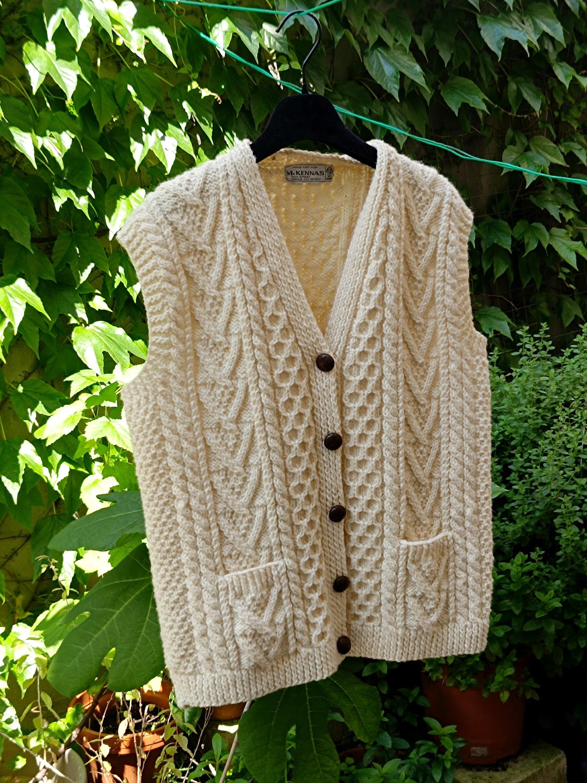 80s McKennas Vest| Minimalist Aran Knit | Handmade Vintage Sleeveless Cardigan| Cream Winter Knit Made in Ireland