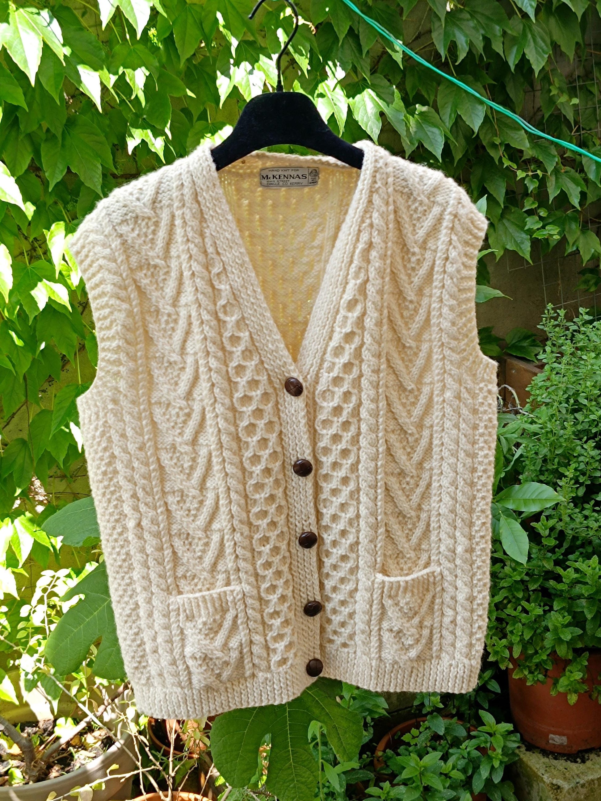 80s McKennas Vest| Minimalist Aran Knit | Handmade Vintage Sleeveless Cardigan| Cream Winter Knit Made in Ireland