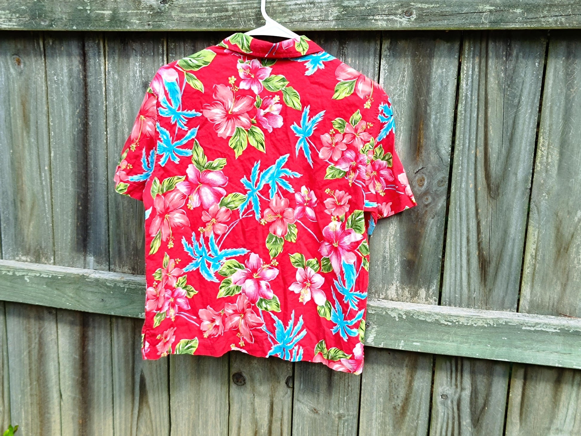 90s Tropical Print Blouse| Vintage Red Floral Shirt| Women's Short Sleeved Maximalist Buttoned Down Blouse