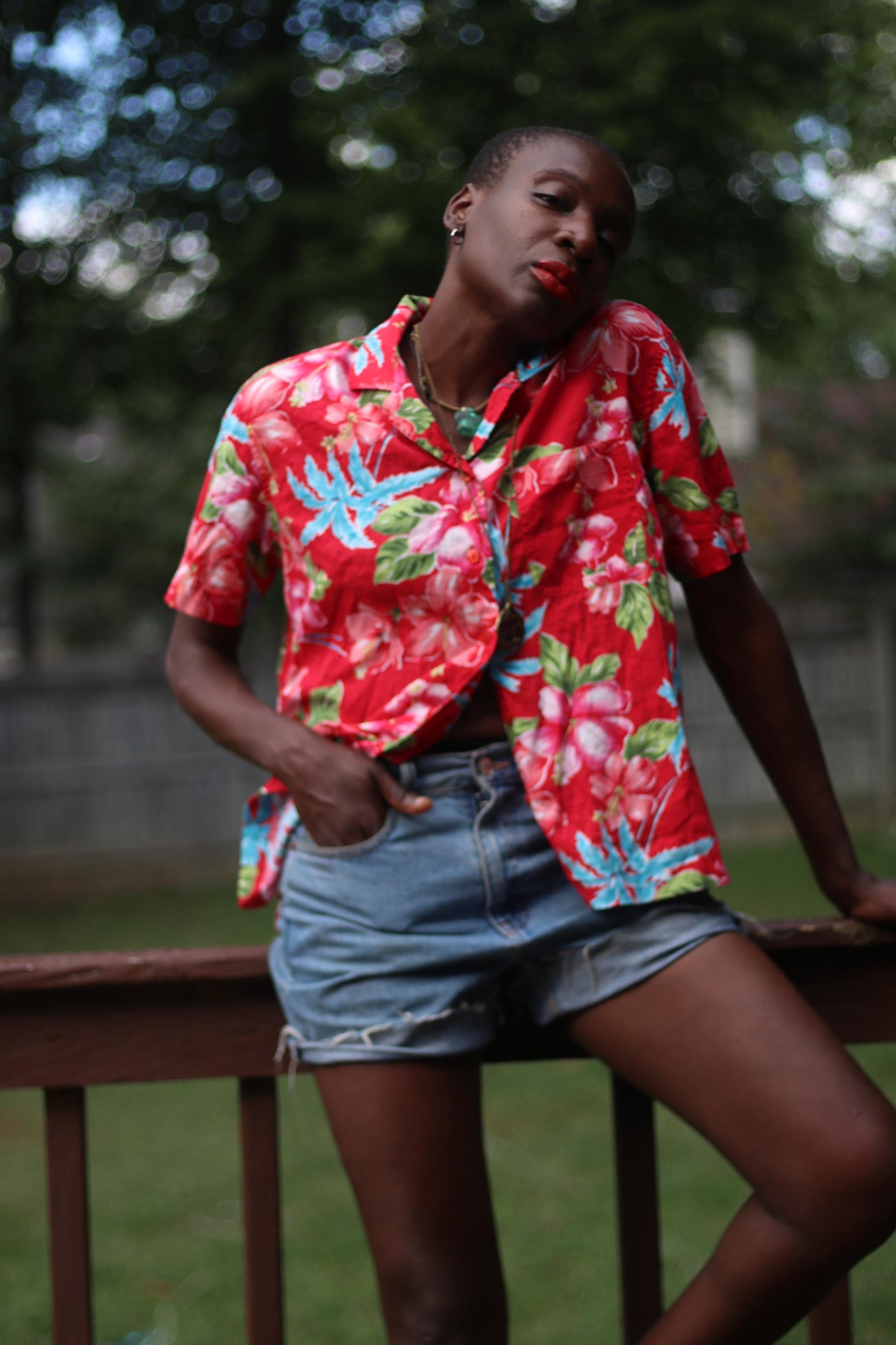 90s Tropical Print Blouse| Vintage Red Floral Shirt| Women's Short Sleeved Maximalist Buttoned Down Blouse