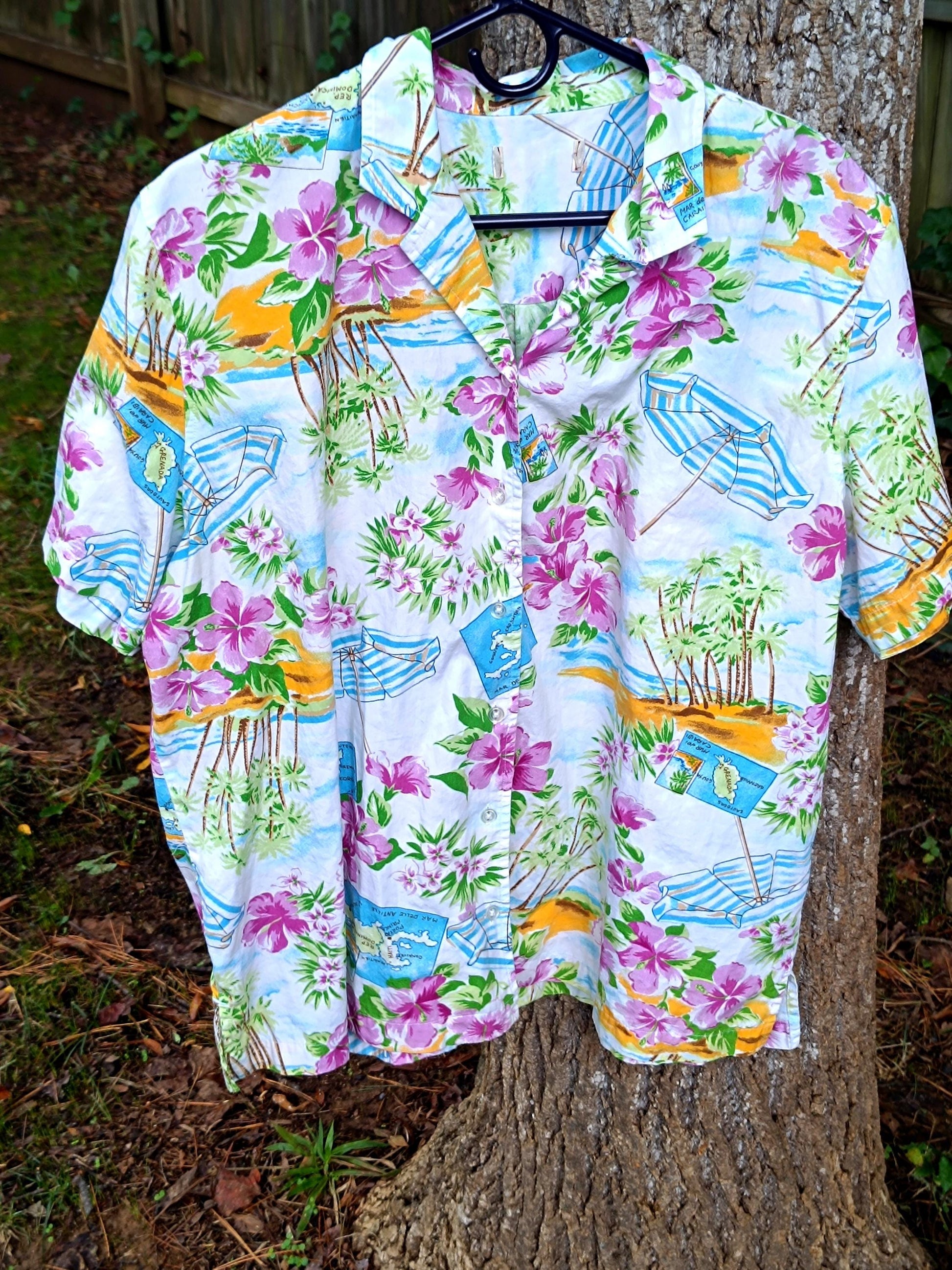 90s Tropical Print Blouse| Vintage Summer Shirt| Women's Short Sleeved Maximalist Buttoned Down Blouse