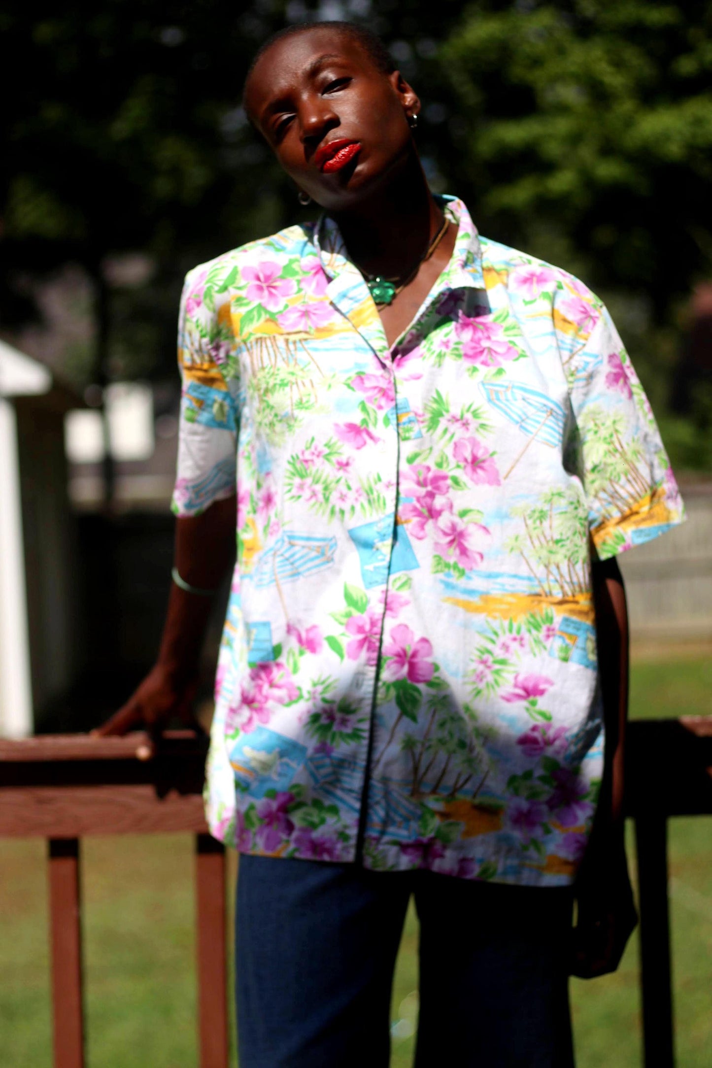 90s Tropical Print Blouse| Vintage Summer Shirt| Women's Short Sleeved Maximalist Buttoned Down Blouse