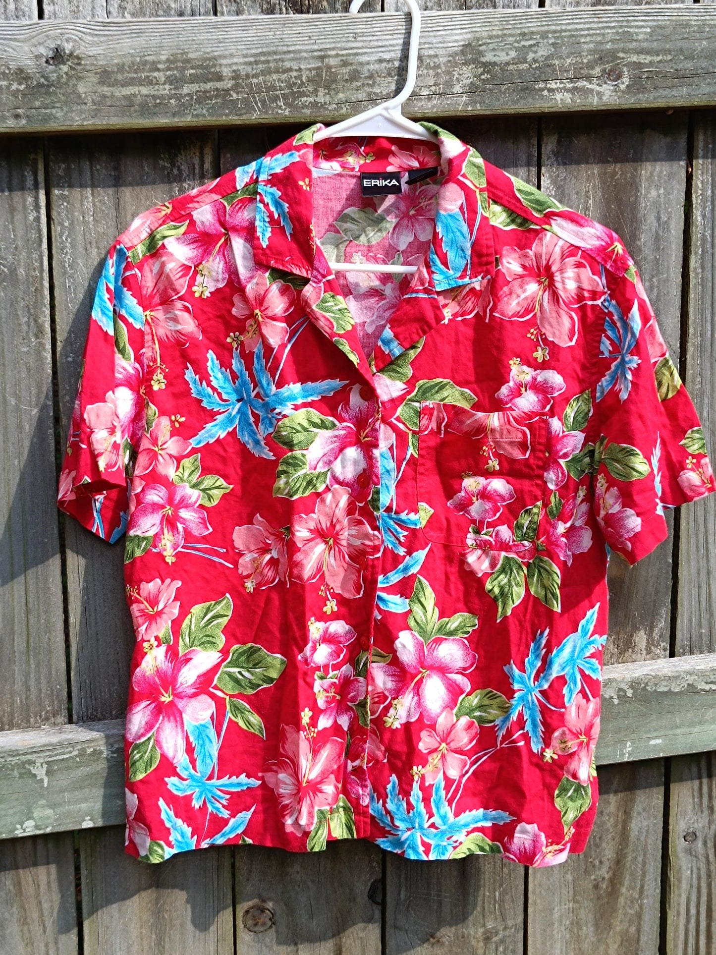 90s Tropical Print Blouse| Vintage Red Floral Shirt| Women's Short Sleeved Maximalist Buttoned Down Blouse