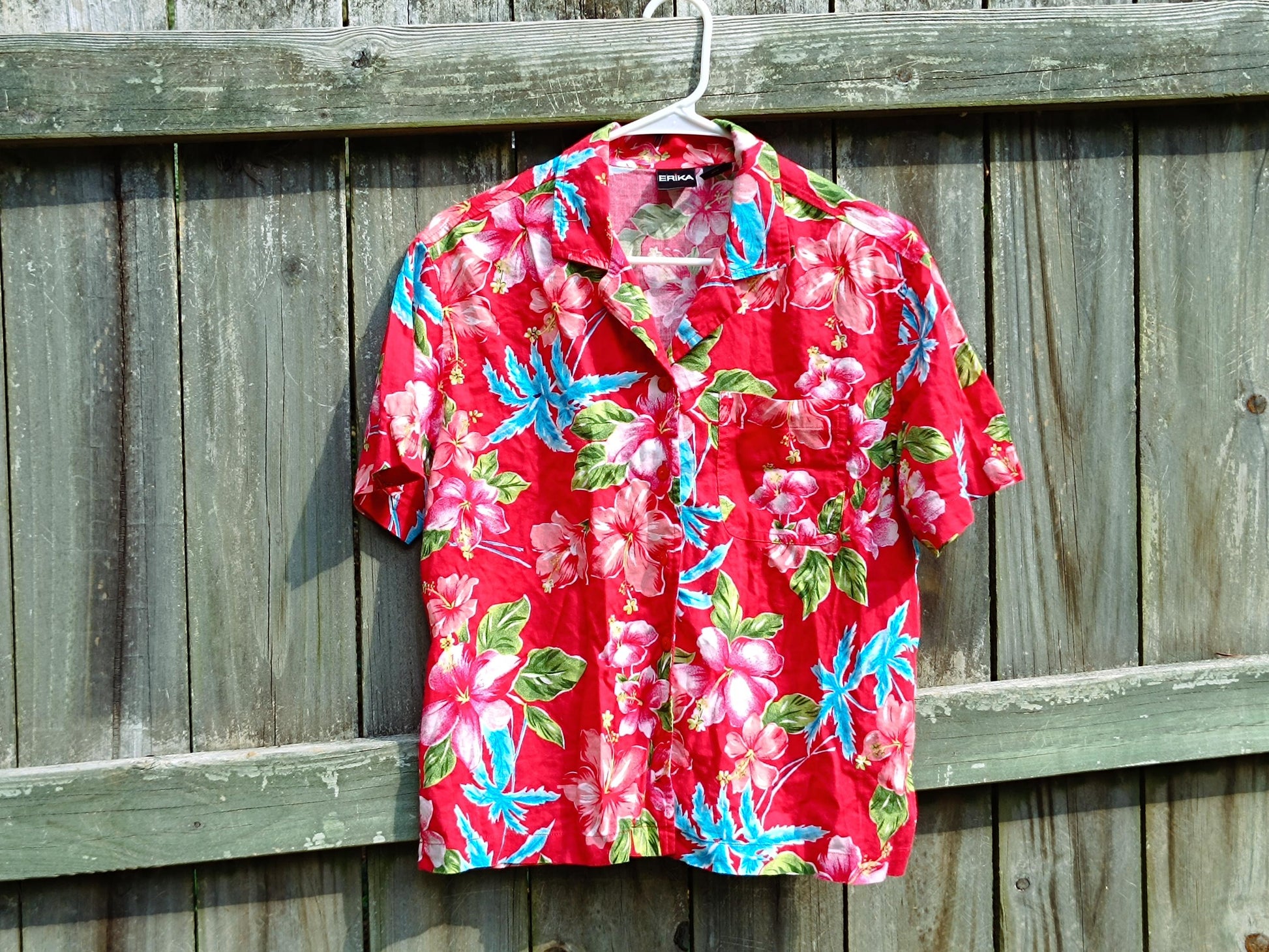 90s Tropical Print Blouse| Vintage Red Floral Shirt| Women's Short Sleeved Maximalist Buttoned Down Blouse