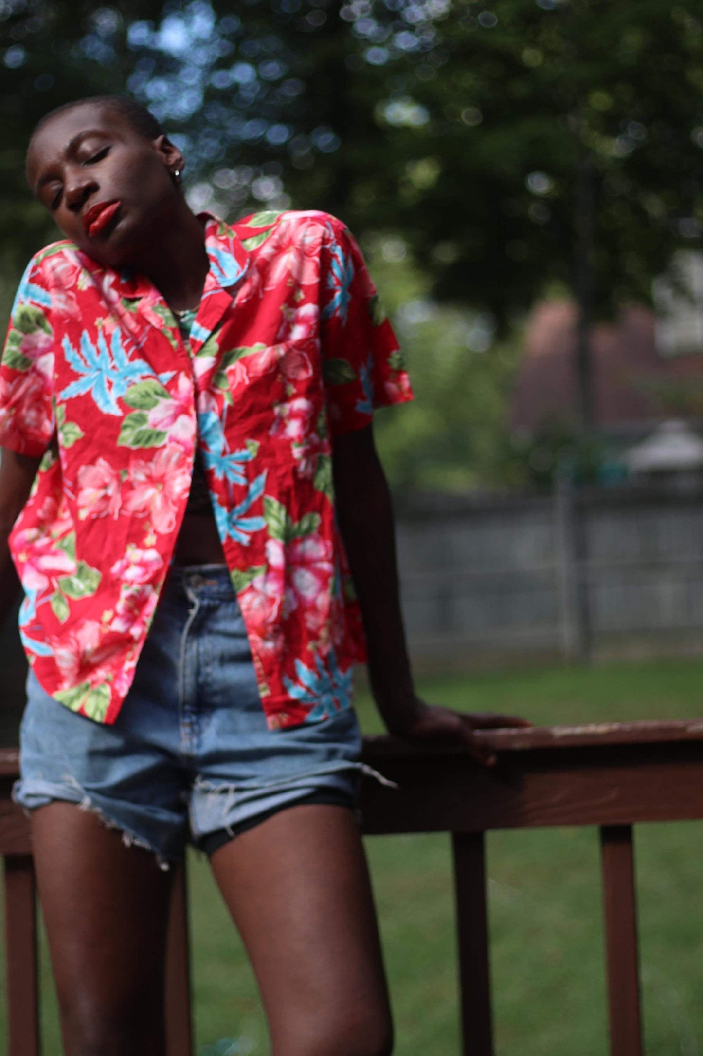 90s Tropical Print Blouse| Vintage Red Floral Shirt| Women's Short Sleeved Maximalist Buttoned Down Blouse