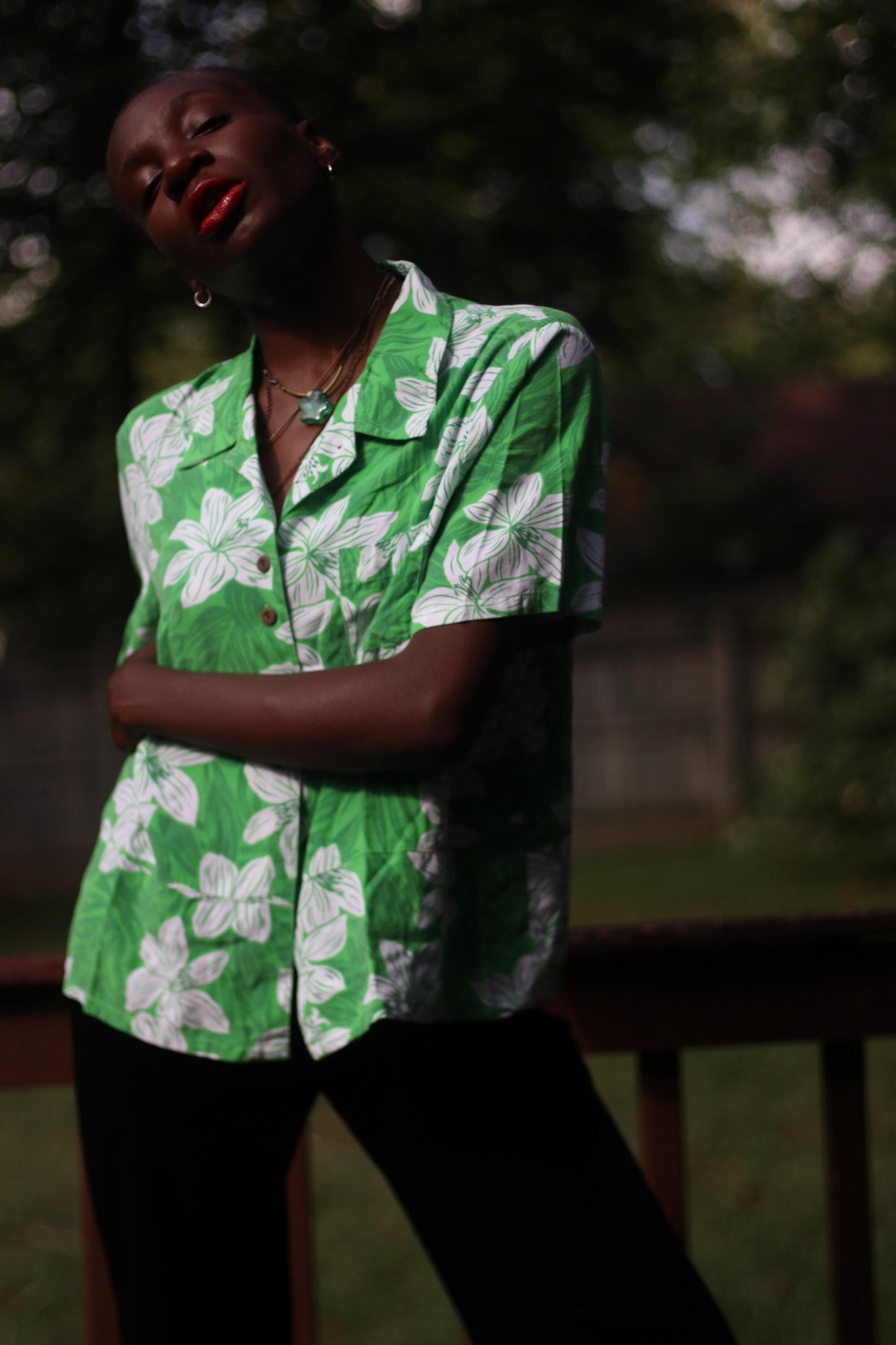 90s Sag Harbour Blouse| Vintage Green Tropical Print Shirt| Women's Short Sleeved Maximalist Buttoned Down Blouse