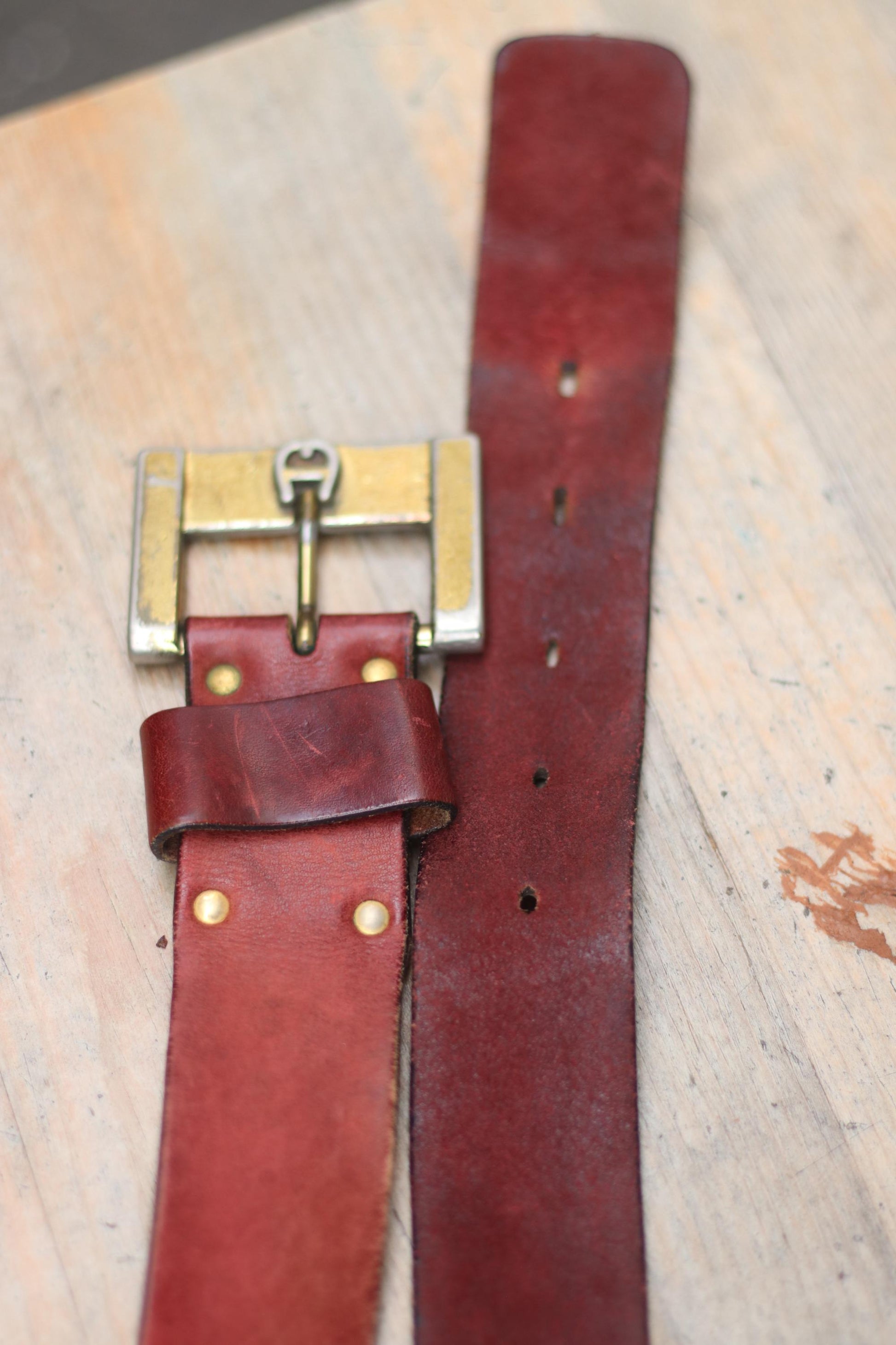 Vintage Aigner Leather Belt| 90s red leather belt with statement buckle