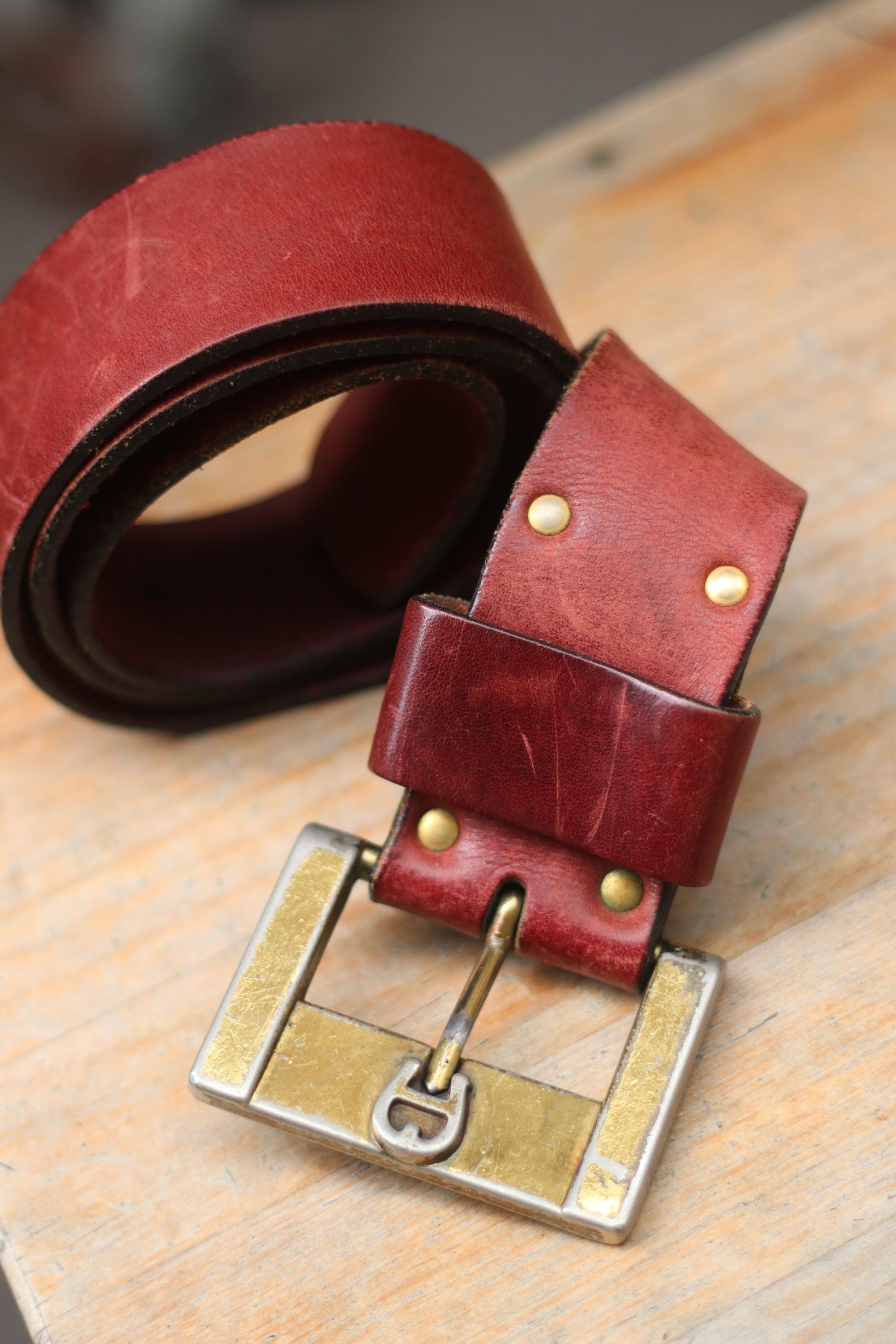 Vintage Aigner Leather Belt| 90s red leather belt with statement buckle