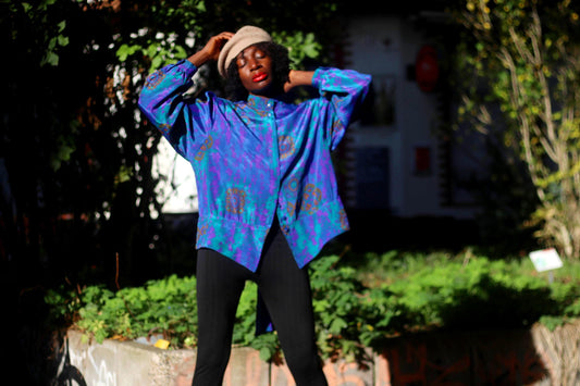 Vintage Floral Print Blouse| 80s Women's Purple Pussybow Shirt with Tie