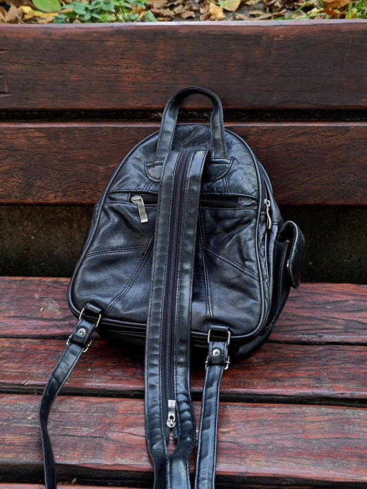 80s Leather Backpack| Vintage Unisex Black Bag| Minimalist Women's Bag