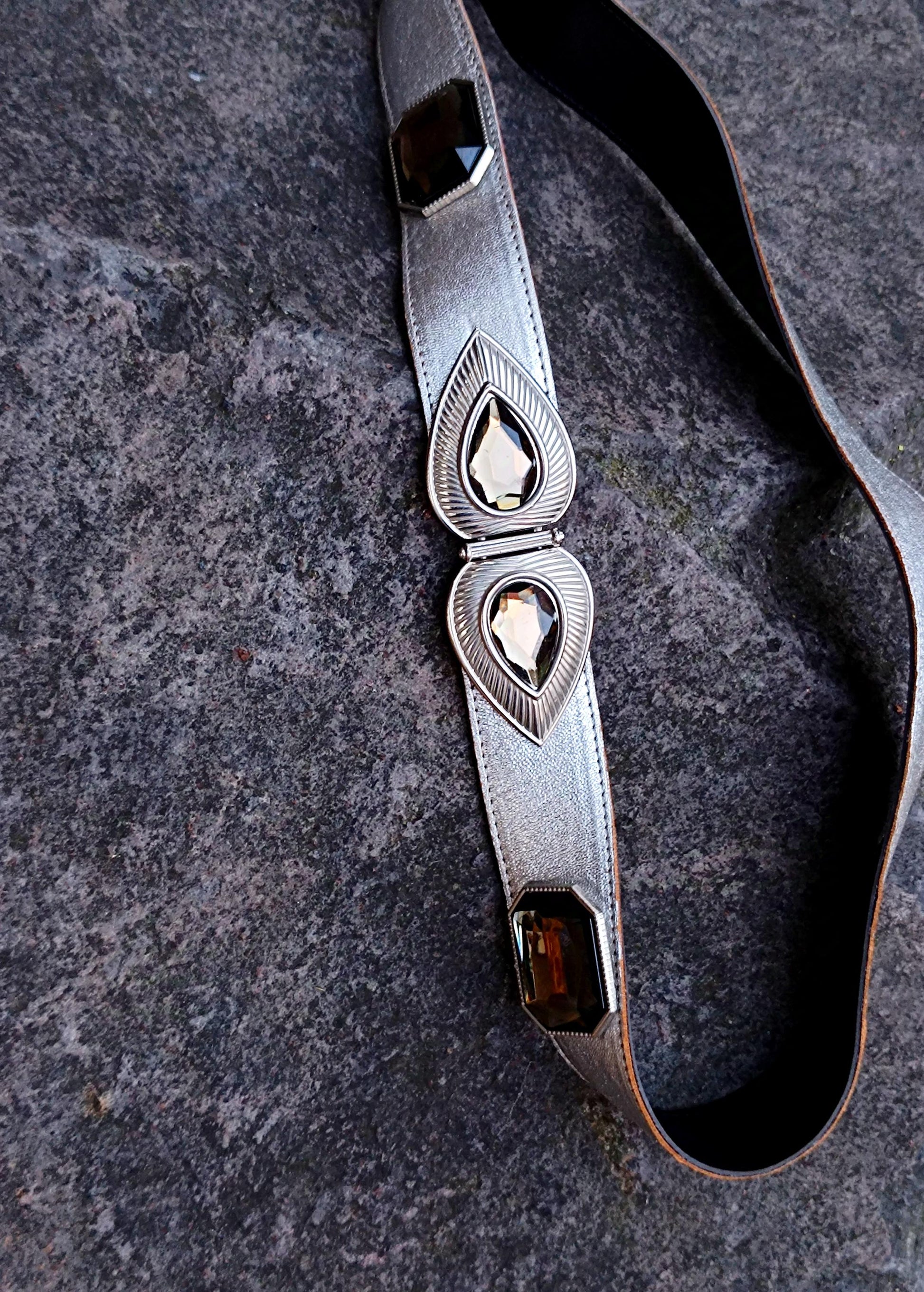 90s Metallic Leather Belt in Silver| Vintage Maximalist Women's belt| Waist Belt with Gem-like details