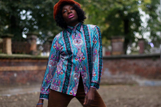 Vintage Crazy Print Blouse | Women's 70s Maximalist Floral Print Long-sleeved Shirt in Blue and Red