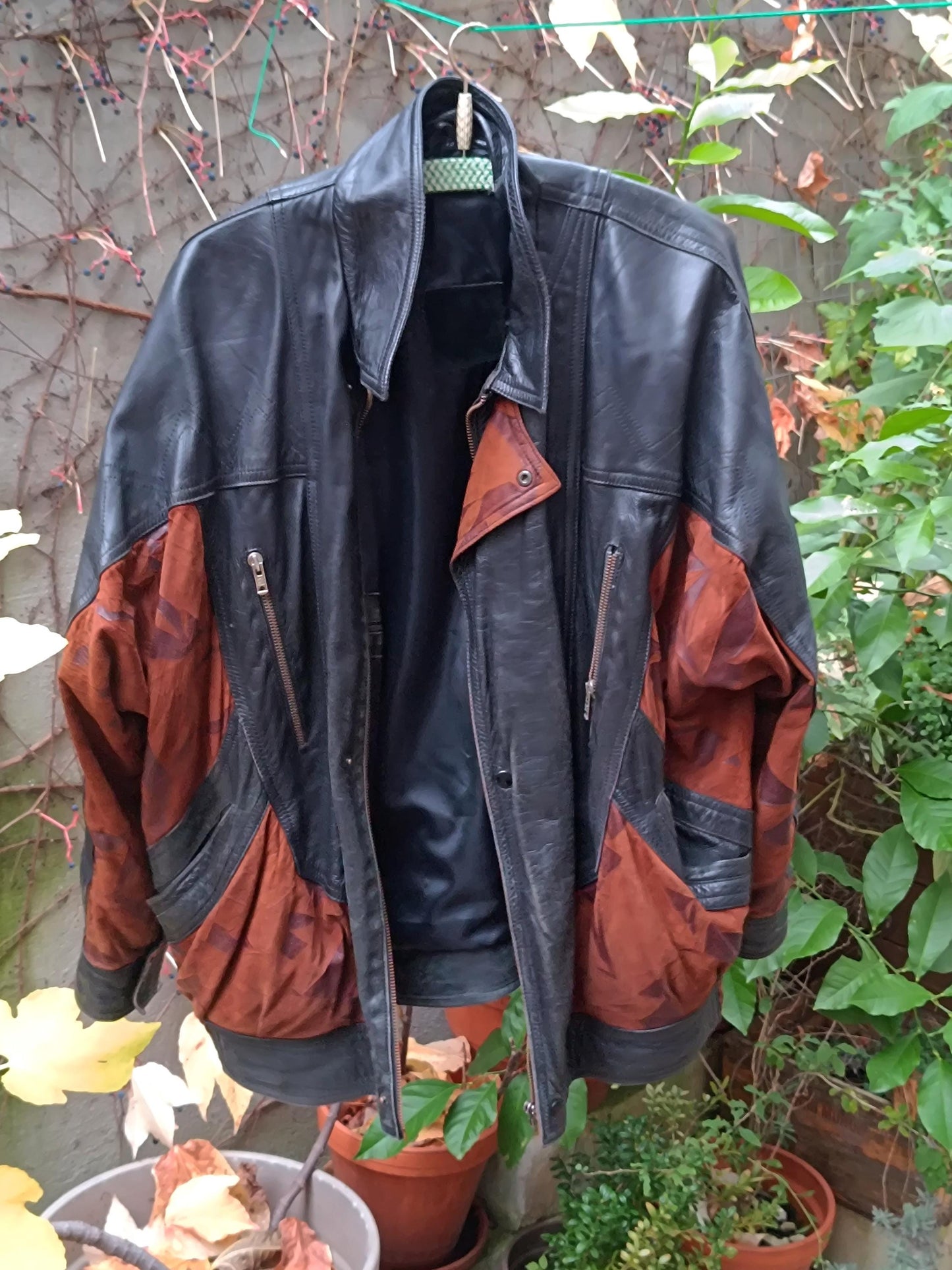 90s Patchwork Leather Jacket| Vintage Black and brown Unisex Oversized Leather Coat| Women's Leather Jacket