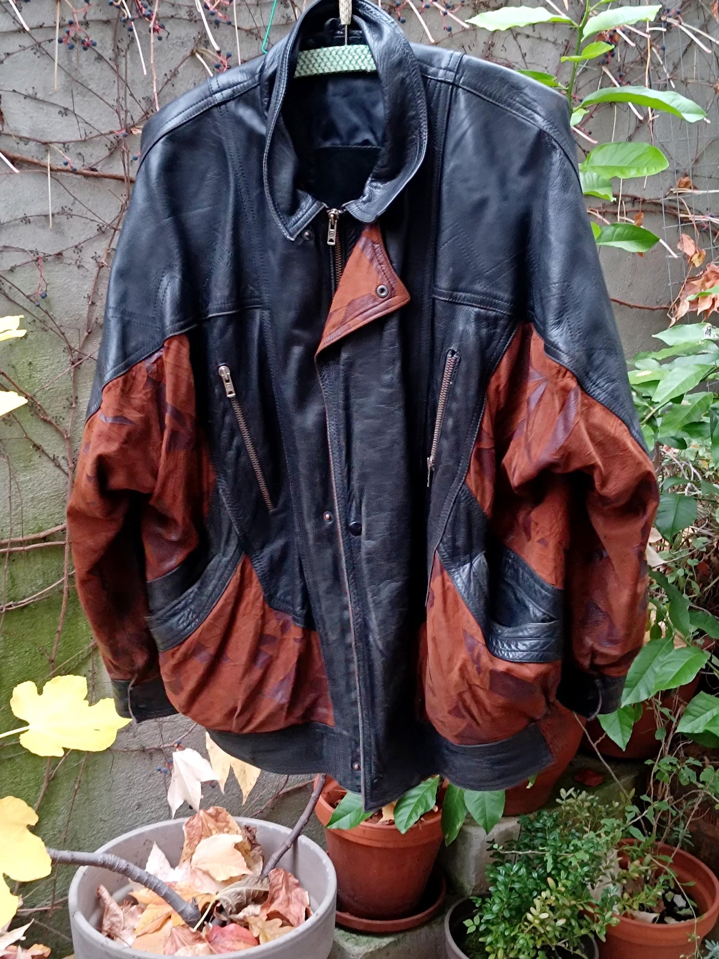 90s Patchwork Leather Jacket| Vintage Black and brown Unisex Oversized Leather Coat| Women's Leather Jacket