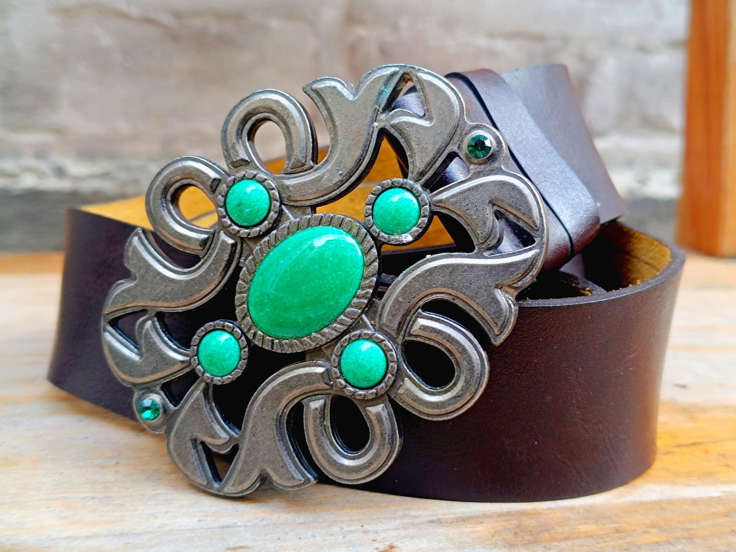 70s Brown Leather Belt with Statement Buckle| | Vintage Women's Boho Floral Buckled Gemstone Belt | Women's Hippy Belt