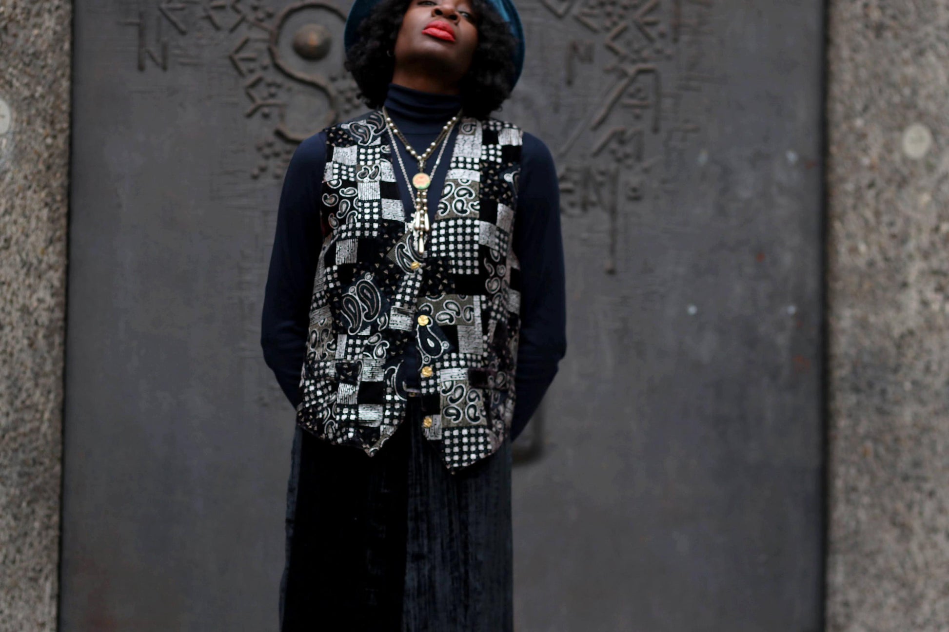 90s Paisley Print Black Vest | Elegant Teardrop Print Gothic-Inspired Evening Vest