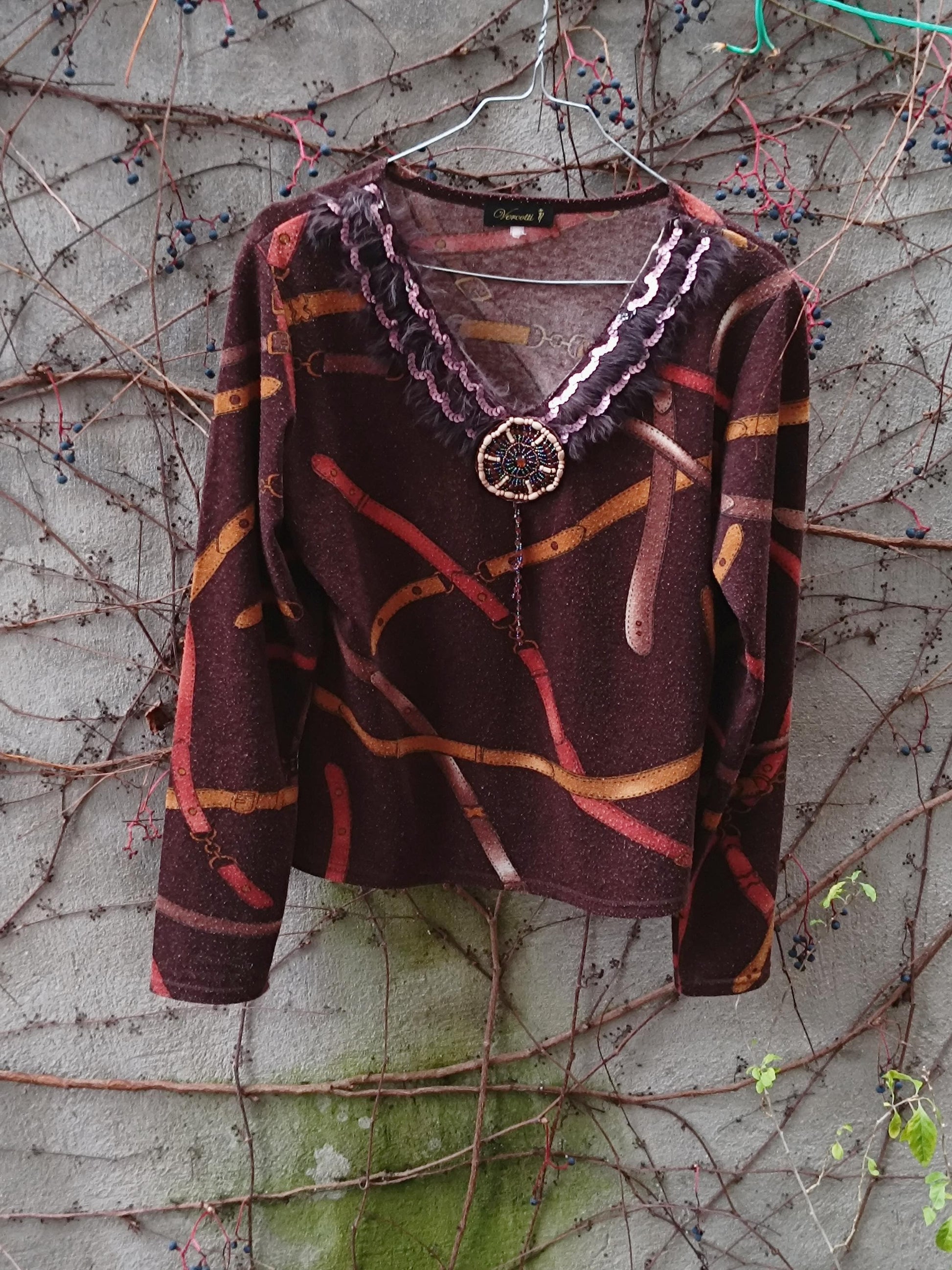 Vintage Vercotti Swirly Print Blouse | Brown Summer Shirt| Women's Hippy Blouse with Abstract Print|Women's Crazy Print Shirt