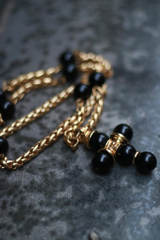 90s Cross Necklace| Vintage Black and Gold Toned Pendant Gothic Necklace