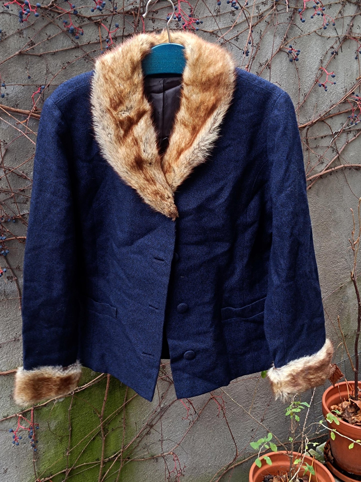 70s Fur Lined Navy Blazer | Vintage Feminine Tailored Jacket with Fur Collar| Women's Winter Jacket Made in Finland