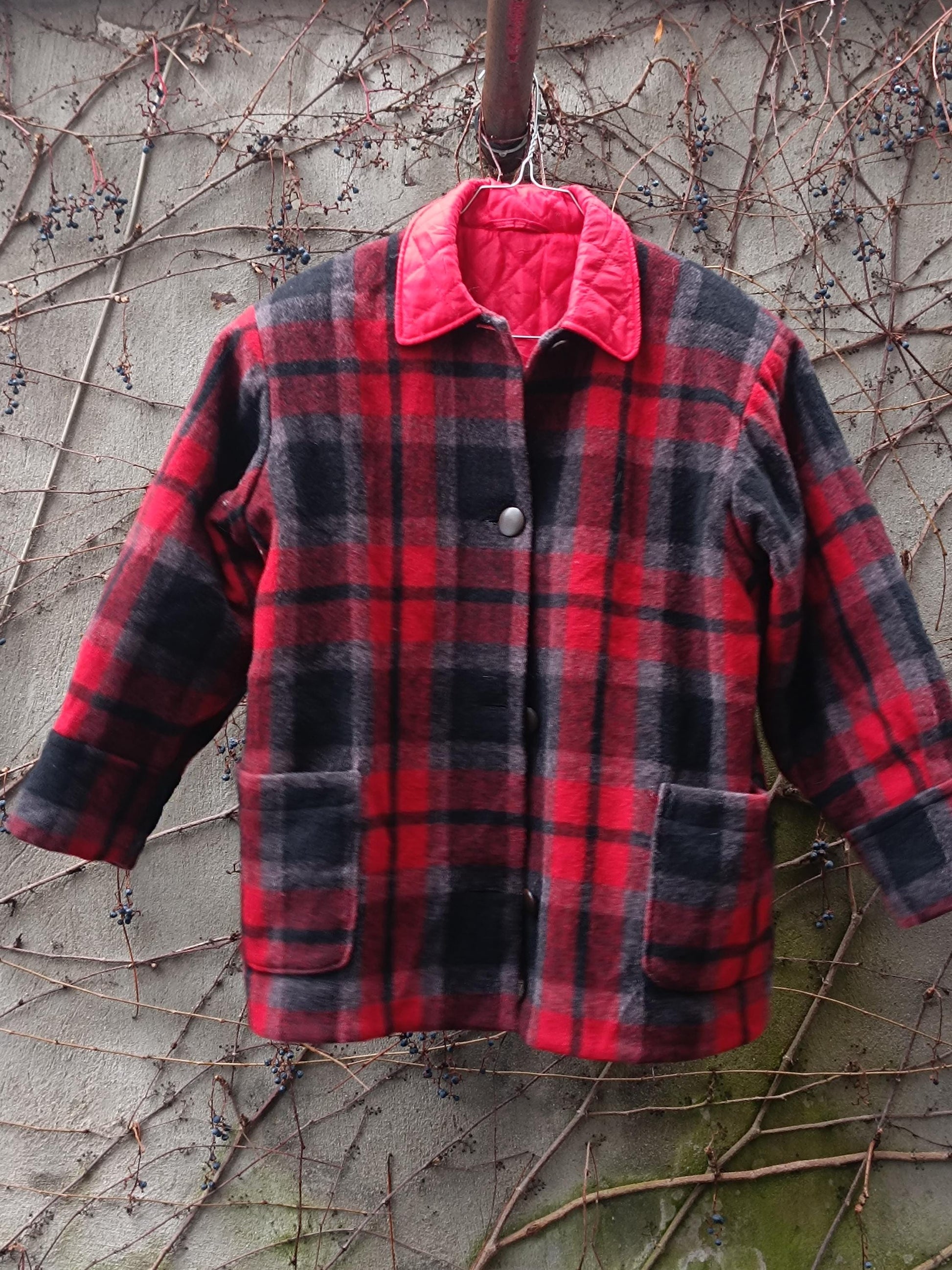 90s Plaid Winter Jacket| Urban Lumberjack Checkered Red Women's Coat | Red and Black Tartan Cozy Coat XS- S