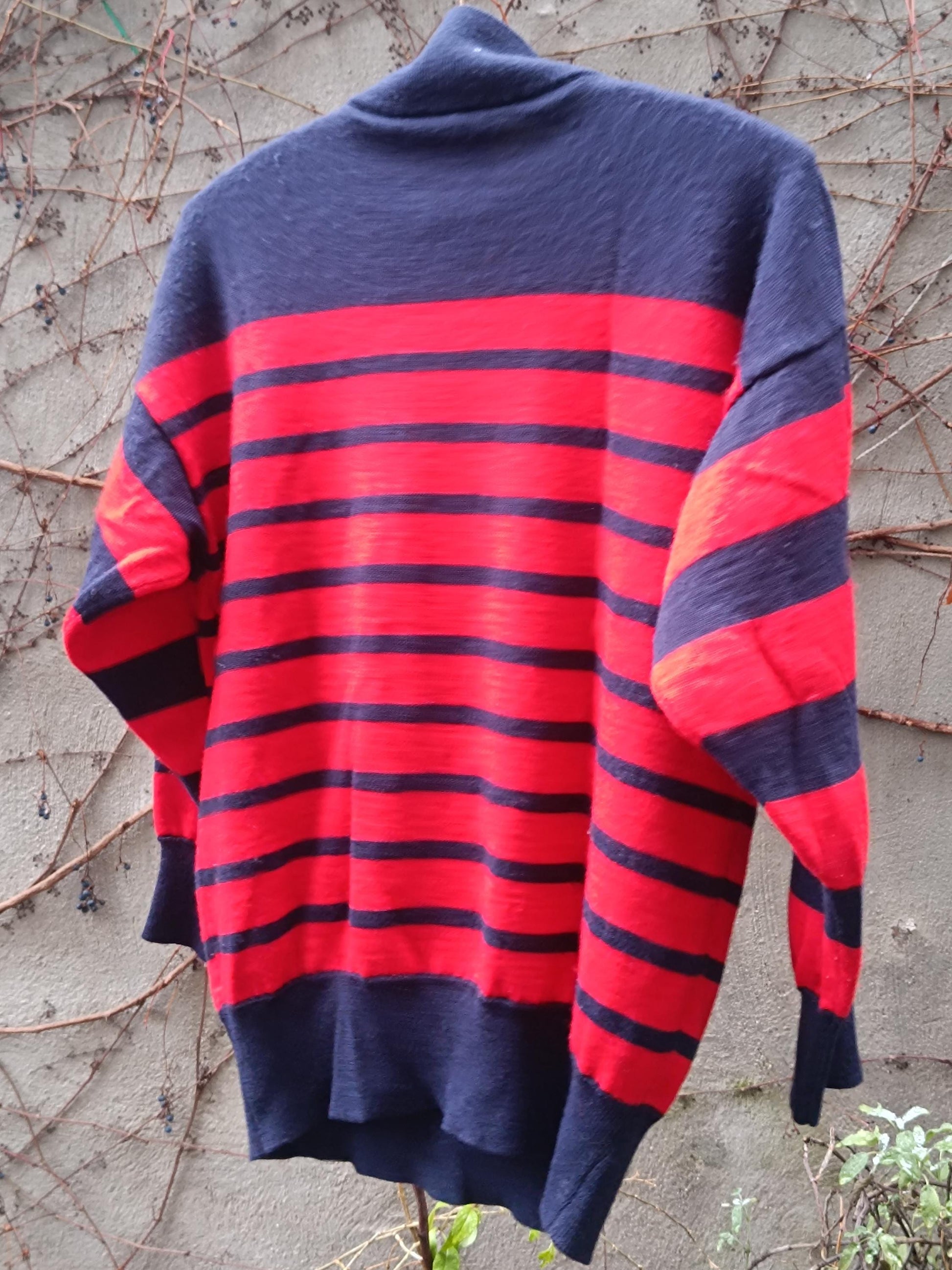 90s Roberto Sarto Wool Blend Sweater| Vintage Women's Striped Turtleneck| Red and Navy Long-Sleeved Winter Knit| Retro Navy jumper