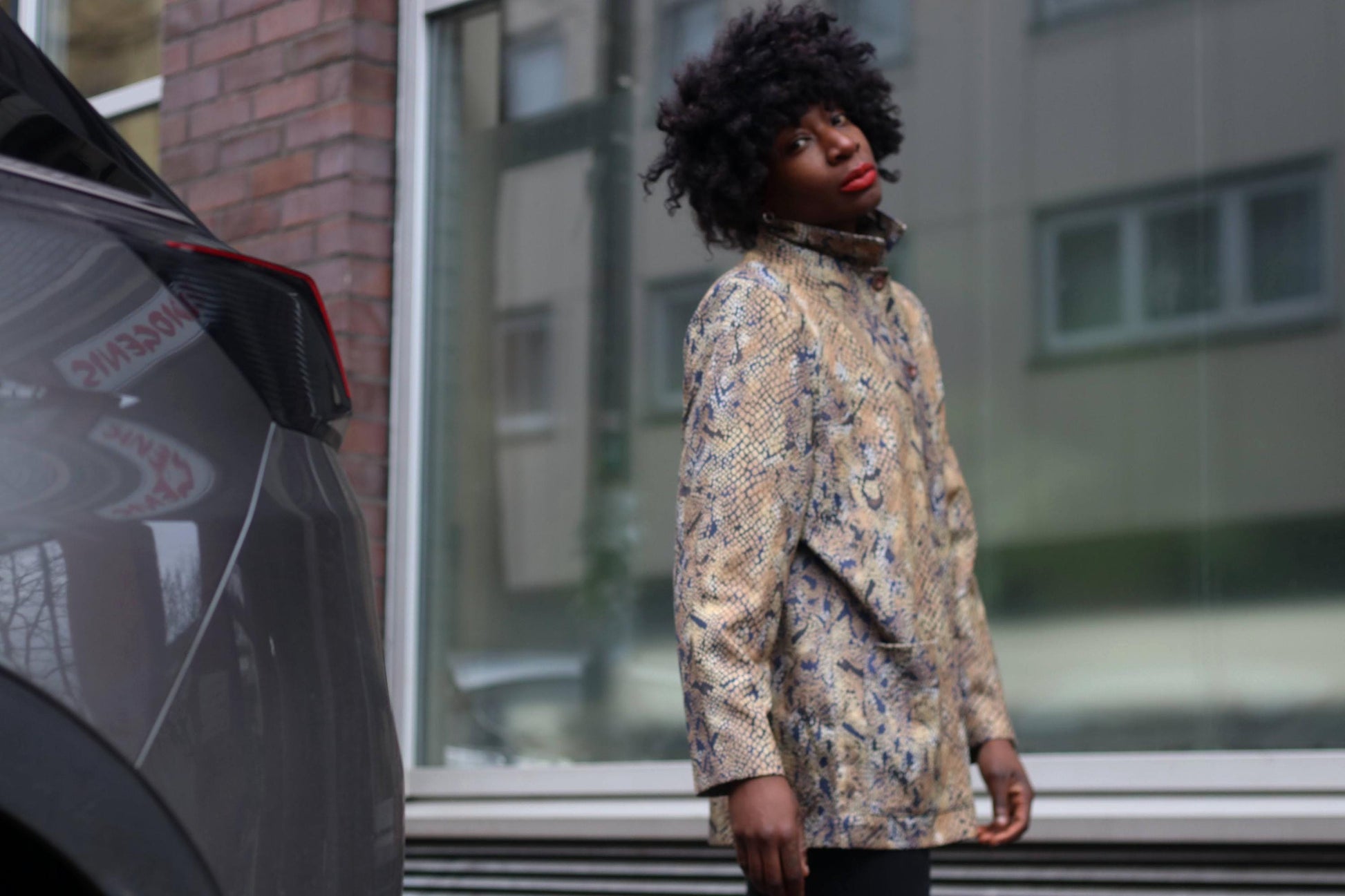 90s Animal Print Blouse| Vintage Creation Atelier Brown Lightweight Jacket| Women's Faux Snake Skin Collared Buttoned Down Shirt