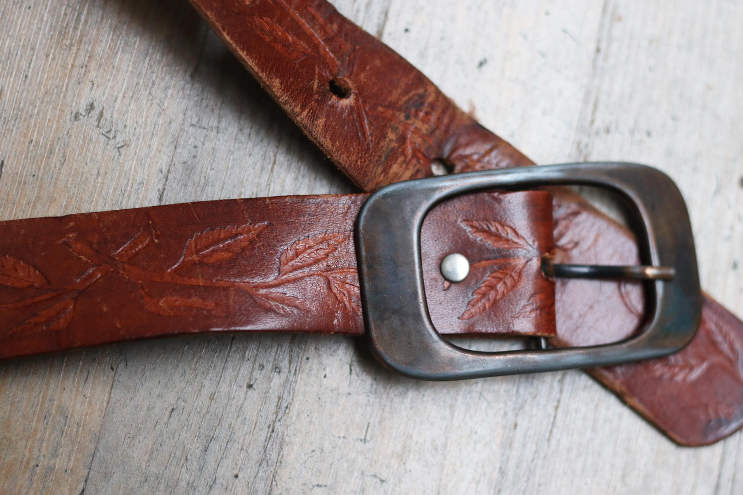 70s Handcrafted Embossed Brown Leather Belt with Antique Silver Buckle| Nature-Inspired Artisan Accessory| Women's belt with Leaf etchings