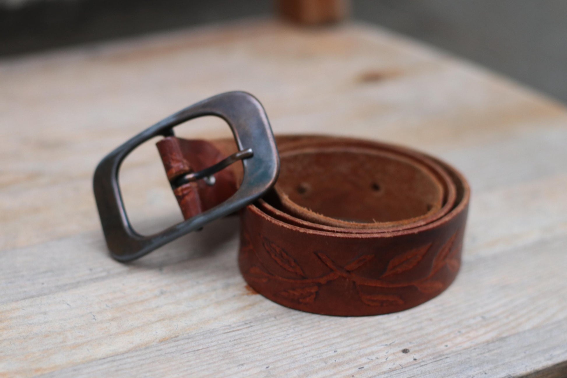 70s Handcrafted Embossed Brown Leather Belt with Antique Silver Buckle| Nature-Inspired Artisan Accessory| Women's belt with Leaf etchings