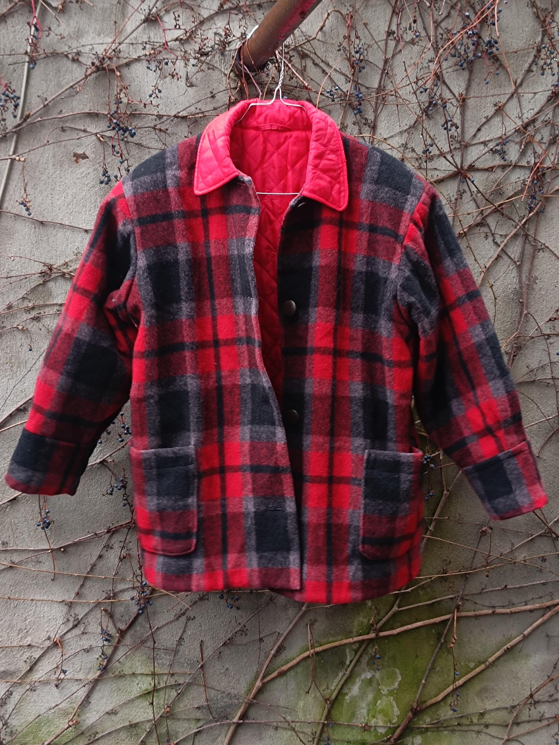 90s Plaid Winter Jacket| Urban Lumberjack Checkered Red Women's Coat | Red and Black Tartan Cozy Coat XS- S