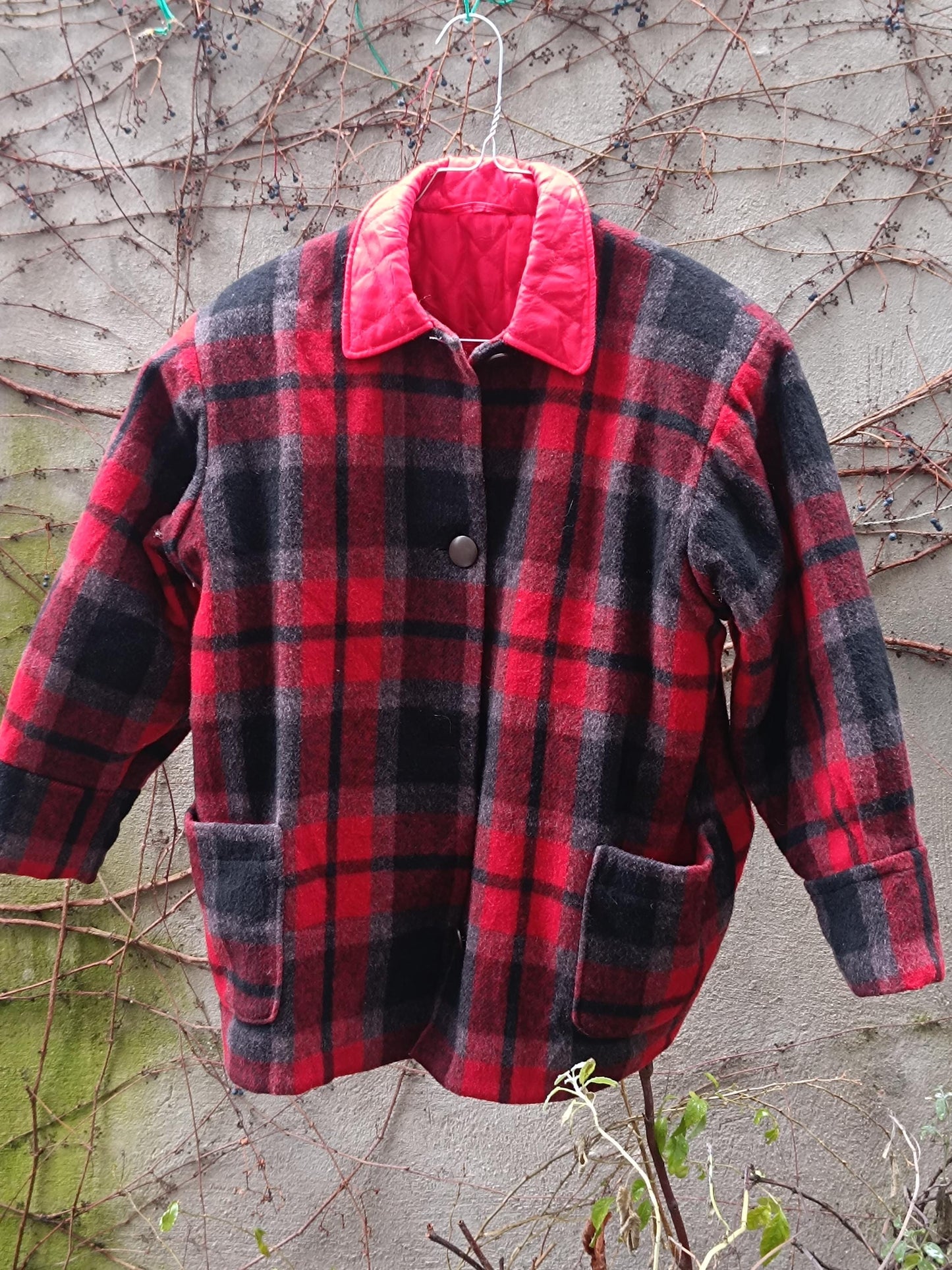 90s Plaid Winter Jacket| Urban Lumberjack Checkered Red Women's Coat | Red and Black Tartan Cozy Coat XS- S