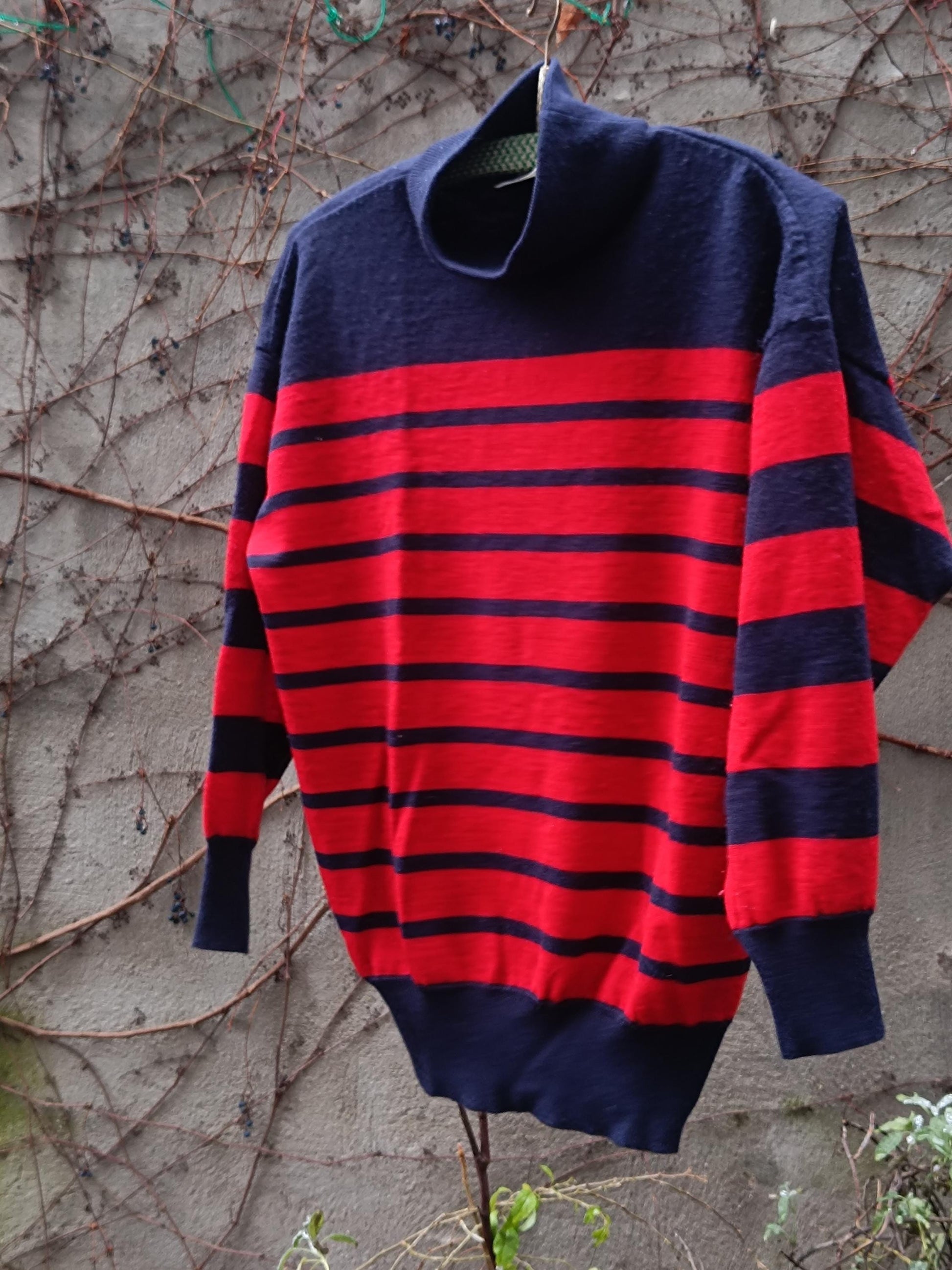 90s Roberto Sarto Wool Blend Sweater| Vintage Women's Striped Turtleneck| Red and Navy Long-Sleeved Winter Knit| Retro Navy jumper