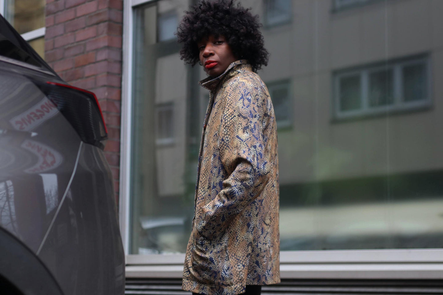 90s Animal Print Blouse| Vintage Creation Atelier Brown Lightweight Jacket| Women's Faux Snake Skin Collared Buttoned Down Shirt