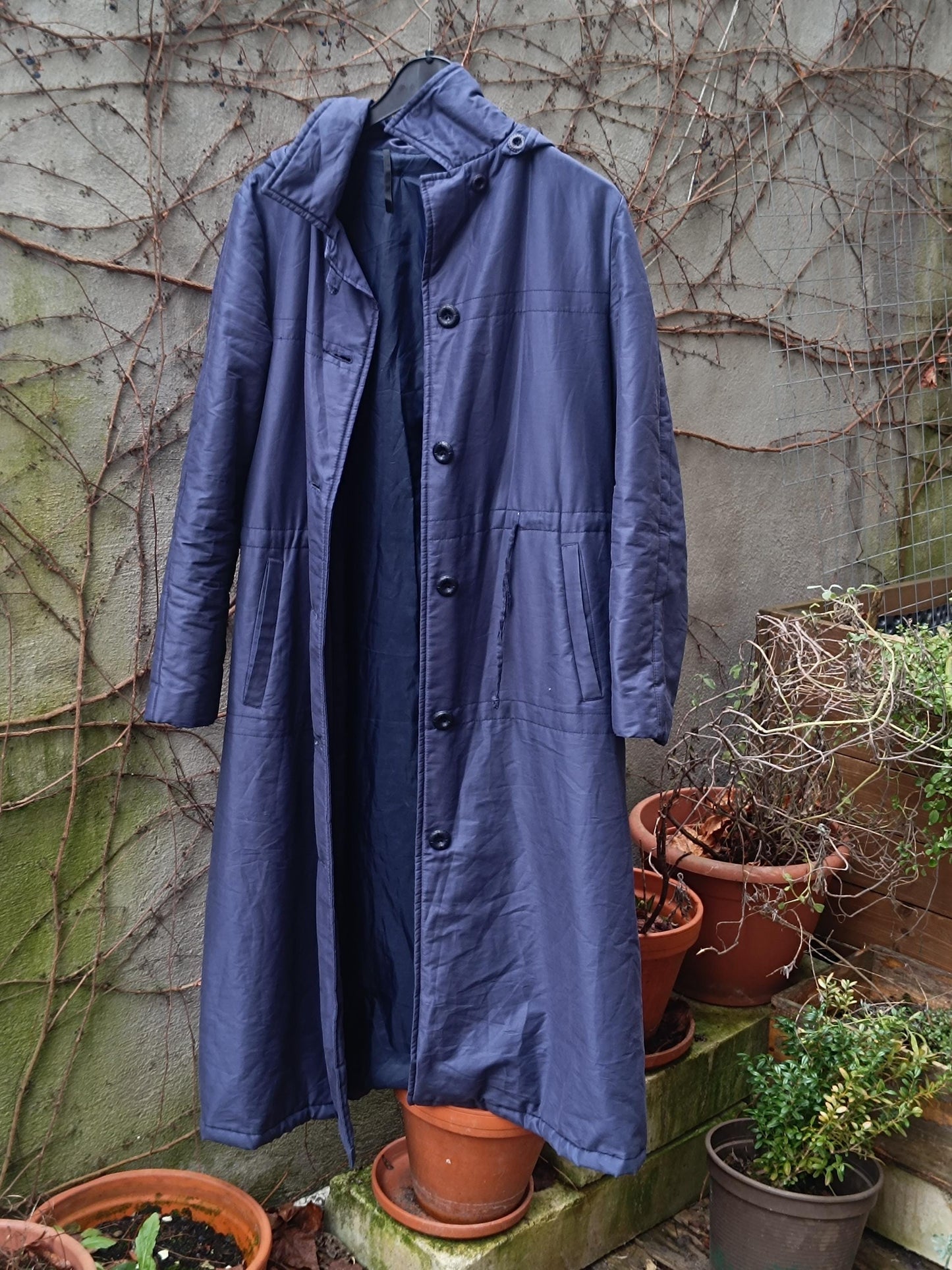 Vintage Navy Hooded Trench Coat | Made in Finland | Women's Scandi Minimalism Long Spring Jacket | Timeless Quiet Luxury Outerwear