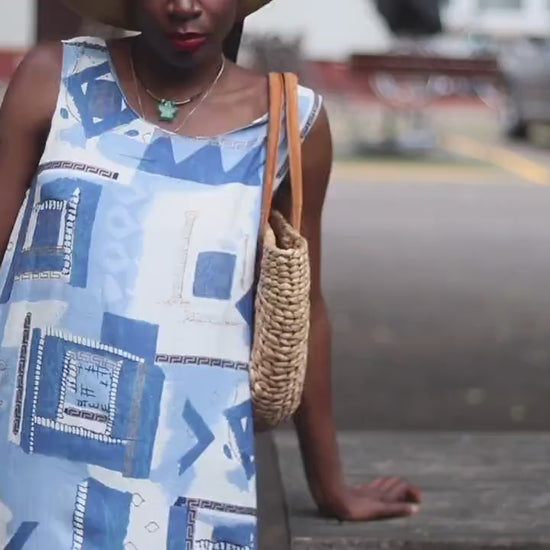 90s Crazy Print Dress| Women's Vintage Sleeveless Summer Dress| Maximalist Quirky Blue and White Dress