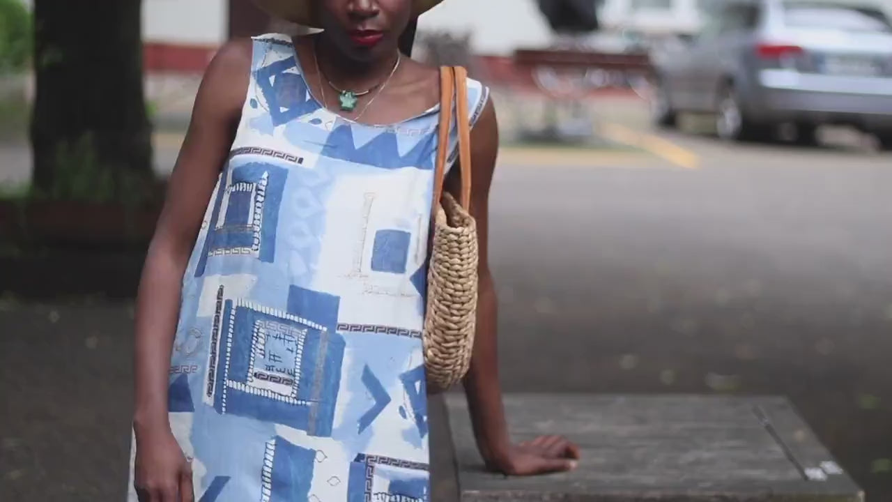 90s Crazy Print Dress| Women's Vintage Sleeveless Summer Dress| Maximalist Quirky Blue and White Dress