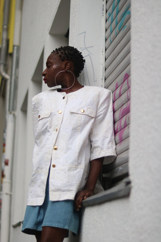 Vintage 80s White Blazer Shirt with Statement Buttons and Print Size Small